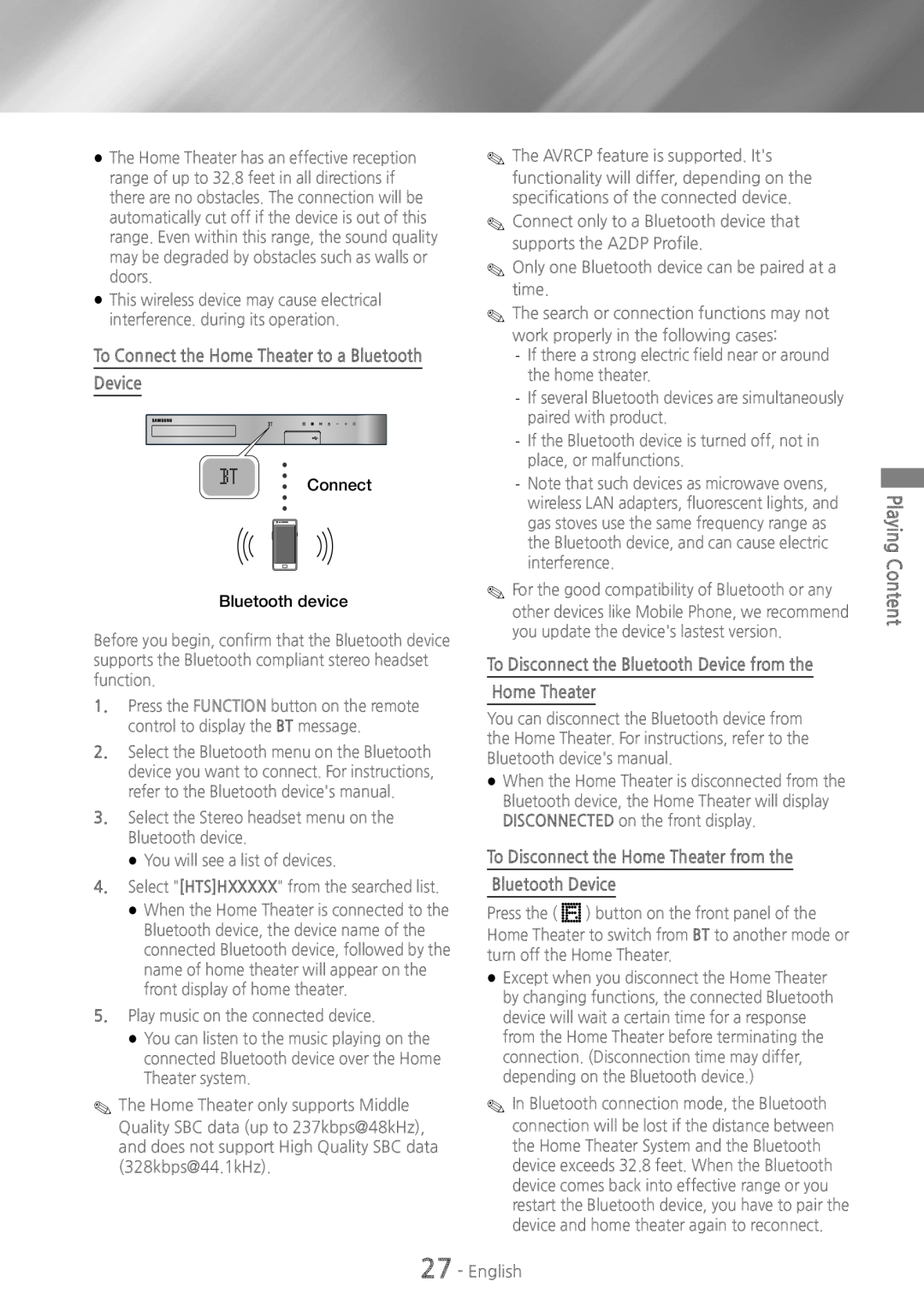 Samsung HT-H4500 user manual To Disconnect the Home Theater from the, Bluetooth Device, Playing Content 