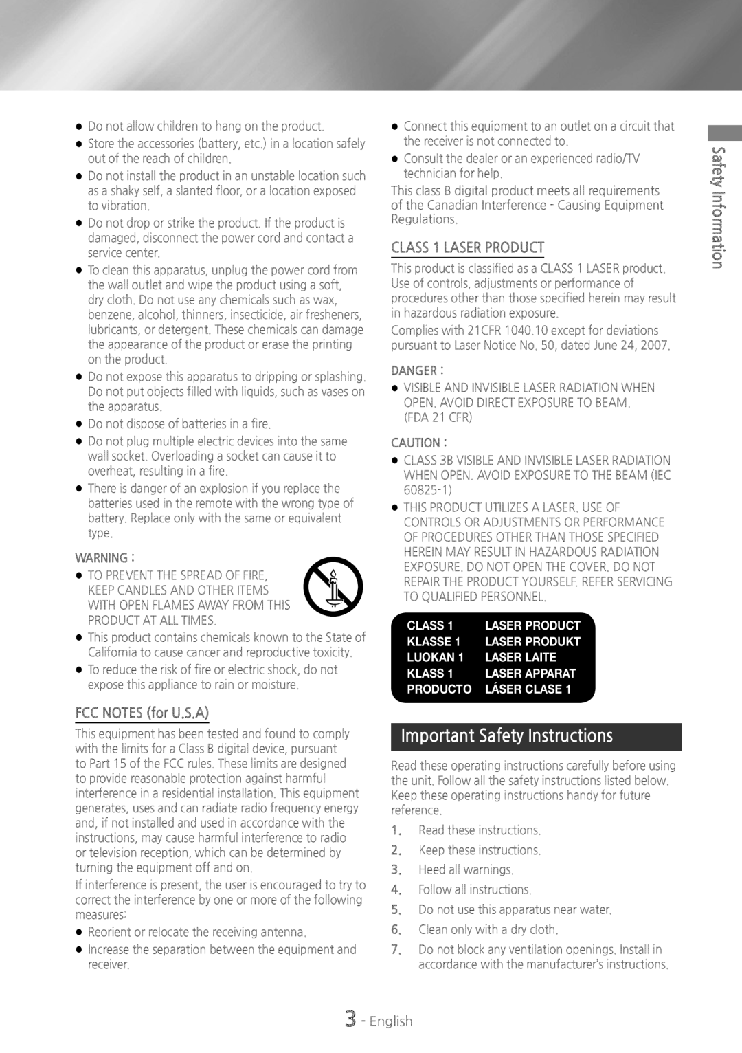 Samsung HT-H4500 Important Safety Instructions, FCC NOTES for U.S.A, CLASS 1 LASER product, Safety Information, Class 