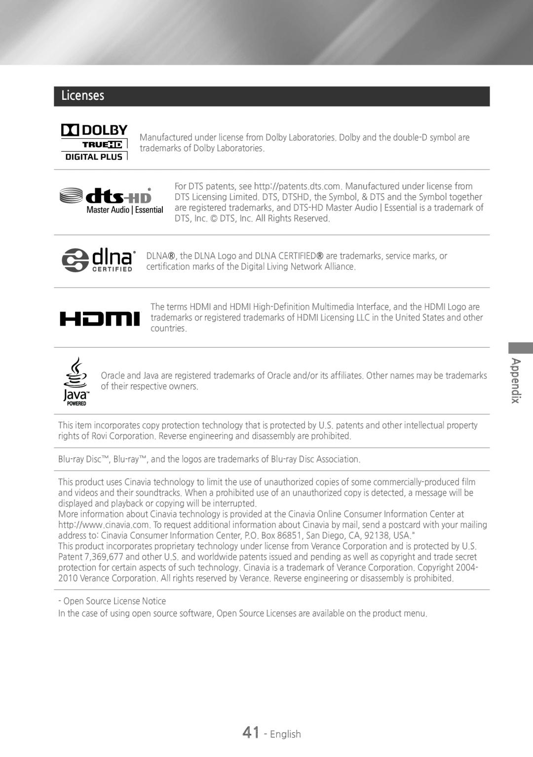 Samsung HT-H4500 user manual Licenses, Appendix, English 