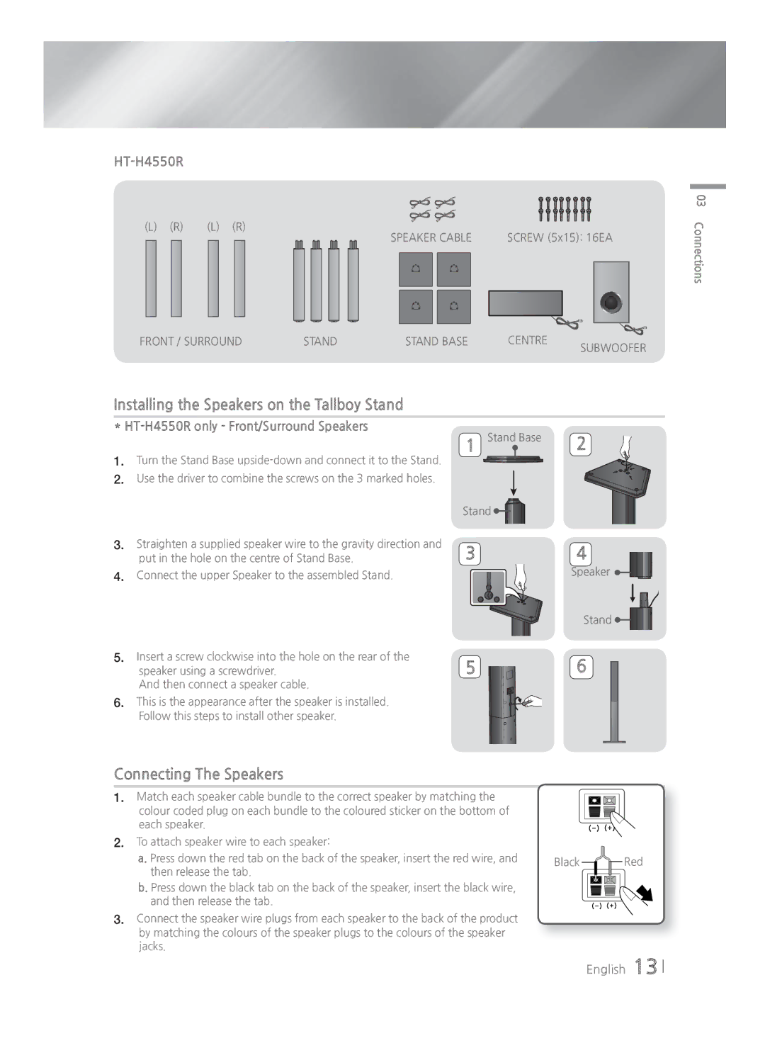 Samsung HT-H4500R/XN, HT-H4550R/EN, HT-H4500R/EN Installing the Speakers on the Tallboy Stand, Connecting The Speakers 