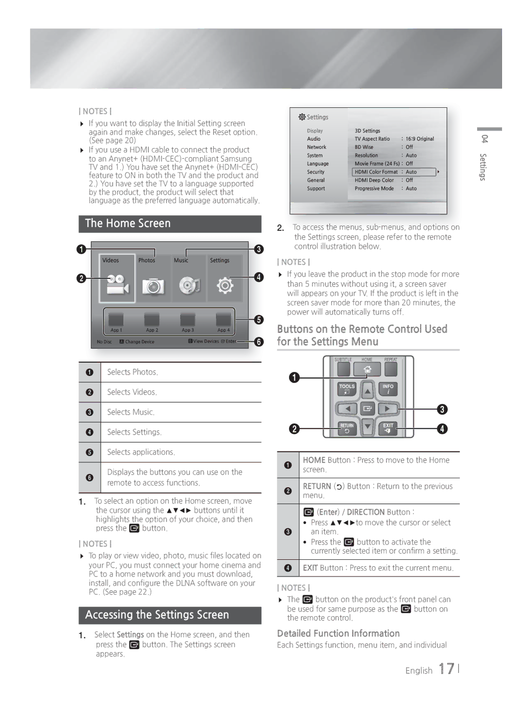 Samsung HT-H4500R/EN Home Screen, Accessing the Settings Screen, Buttons on the Remote Control Used for the Settings Menu 