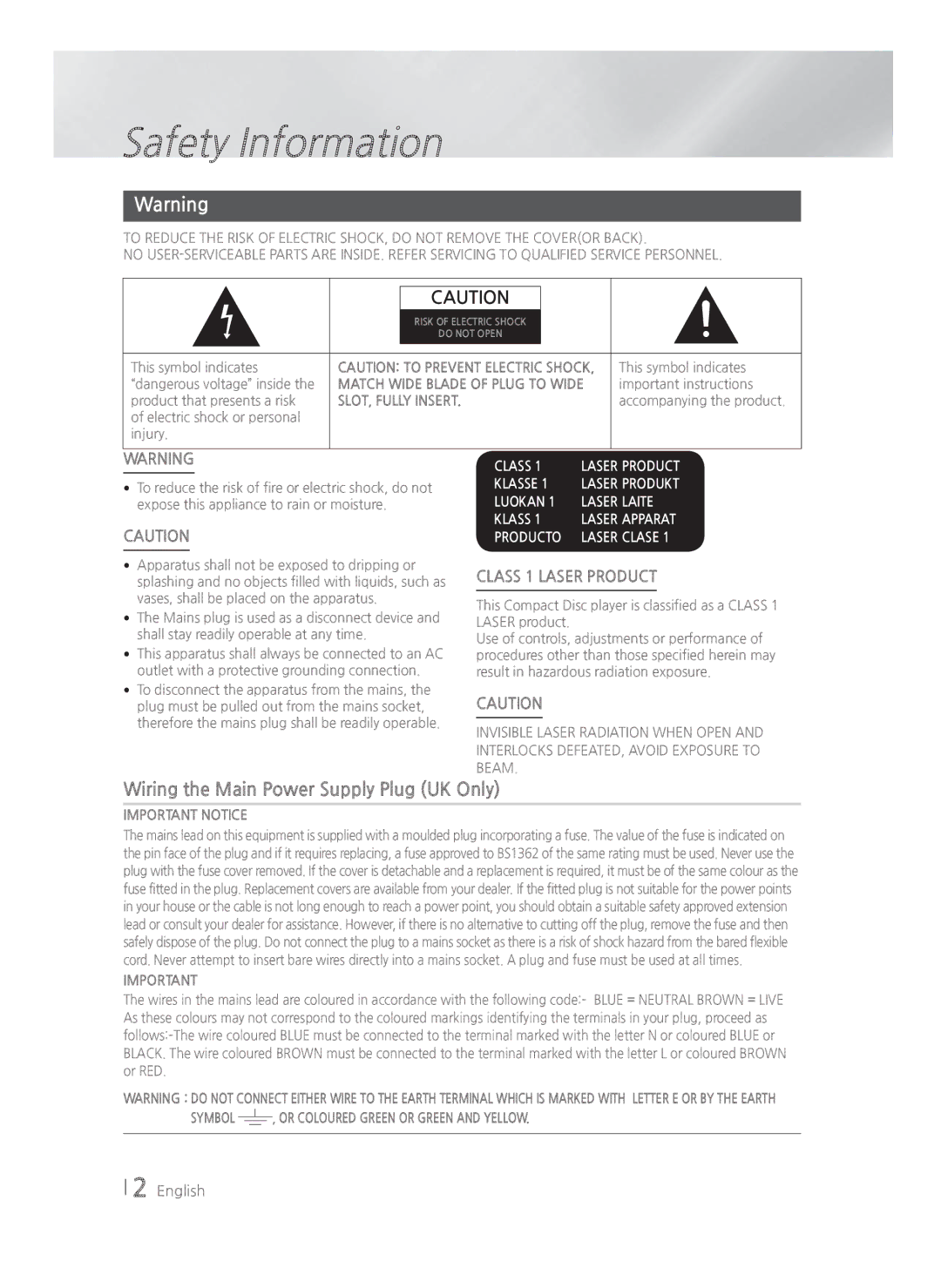 Samsung HT-H4500R/ZF, HT-H4550R/EN, HT-H4500R/EN, HT-H4550R/ZF Safety Information, Wiring the Main Power Supply Plug UK Only 