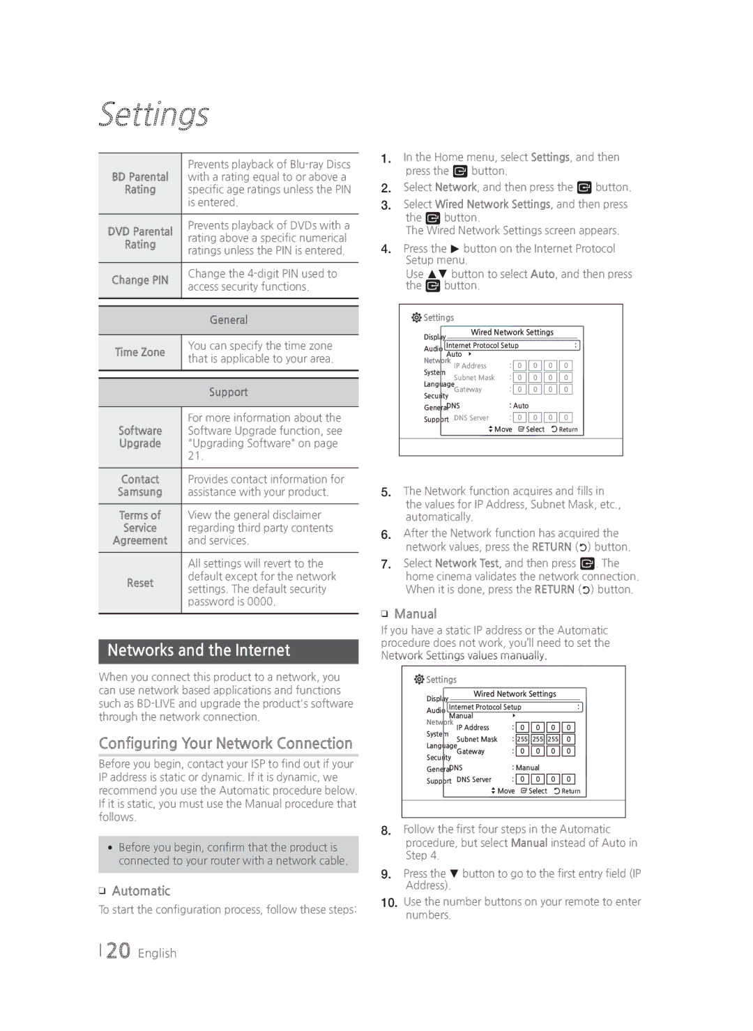 Samsung HT-H4550R/XU, HT-H4550R/EN, HT-H4500R/EN, HT-H4500R/ZF, HT-H4550R/ZF Networks and the Internet, Automatic, Manual 