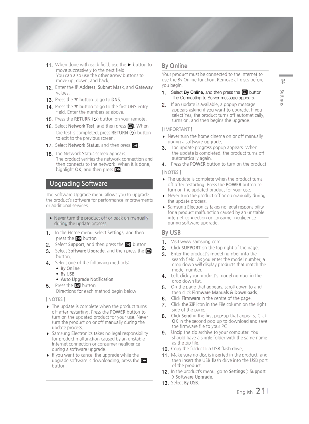 Samsung HT-H4500R/XN, HT-H4550R/EN, HT-H4500R/EN, HT-H4500R/ZF, HT-H4550R/ZF manual Upgrading Software, By Online, By USB 