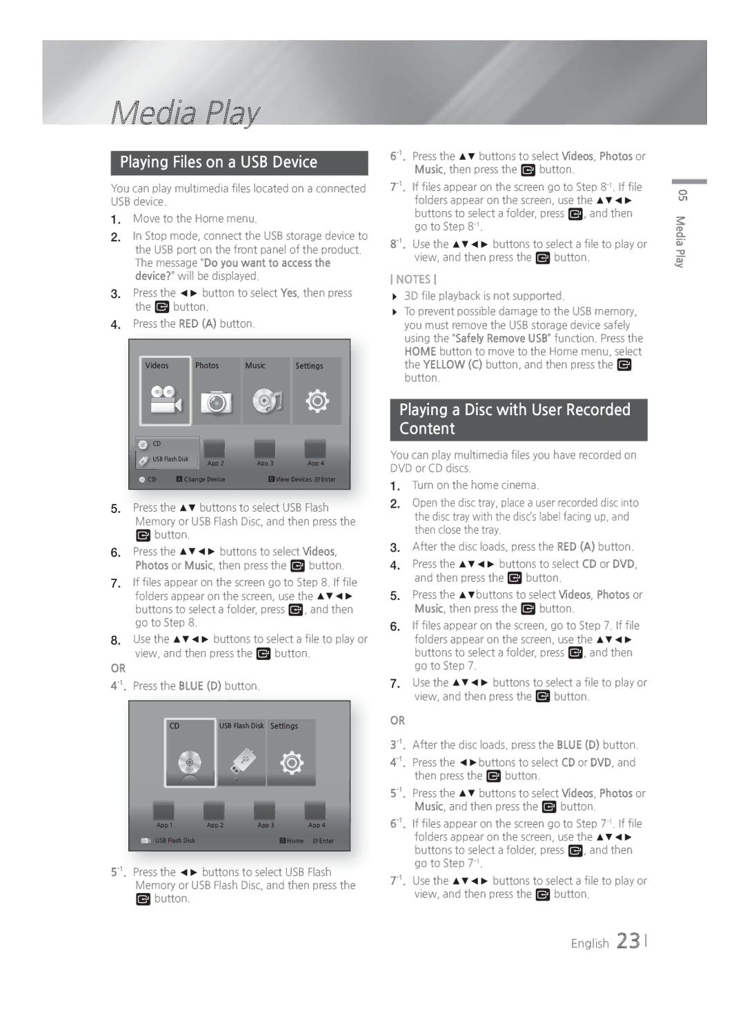 Samsung HT-H4500R/XE, HT-H4550R/EN Media Play, Playing Files on a USB Device, Playing a Disc with User Recorded Content 