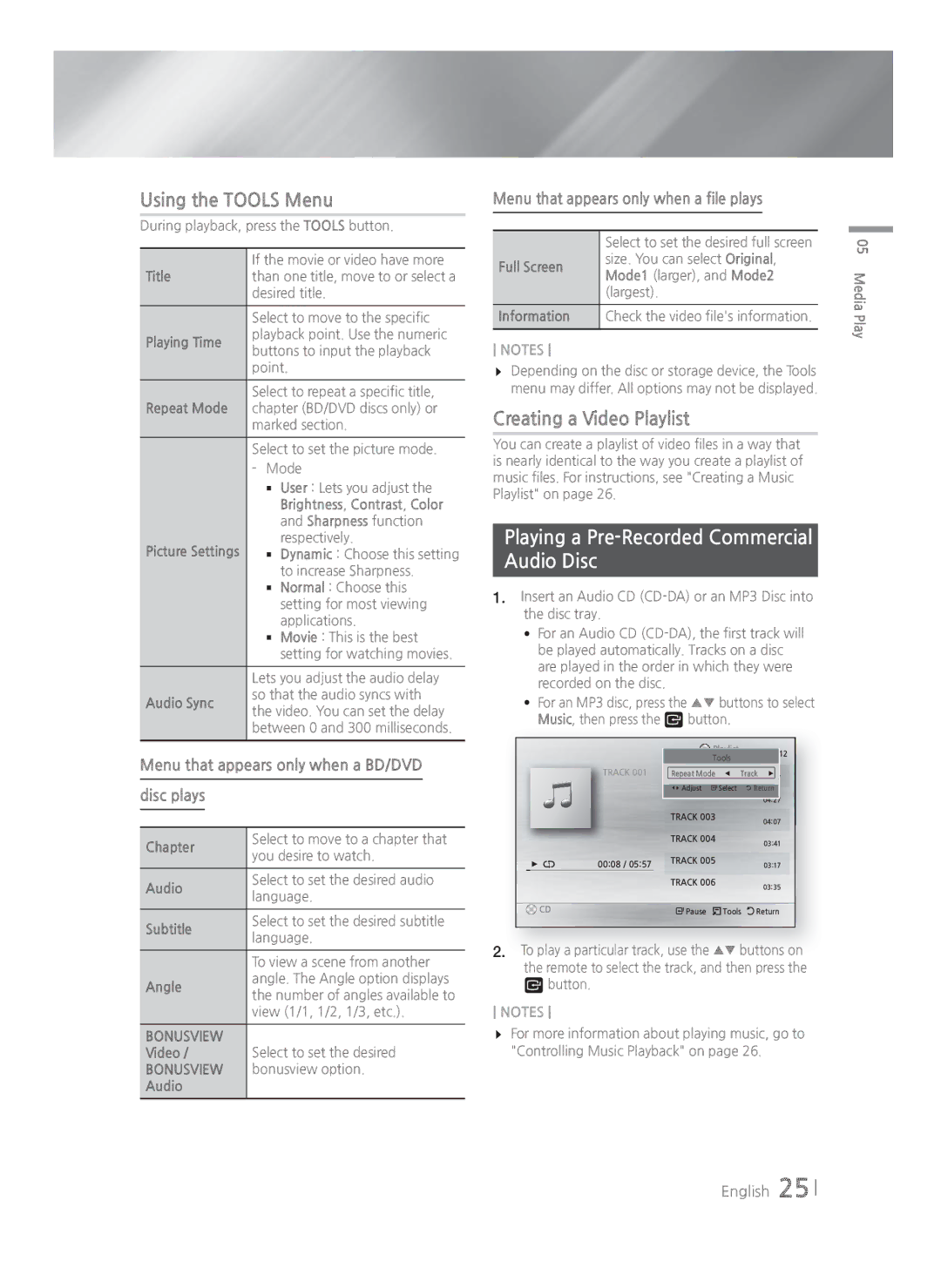 Samsung HT-H4500R/EN manual Using the Tools Menu, Creating a Video Playlist, Playing a Pre-Recorded Commercial Audio Disc 