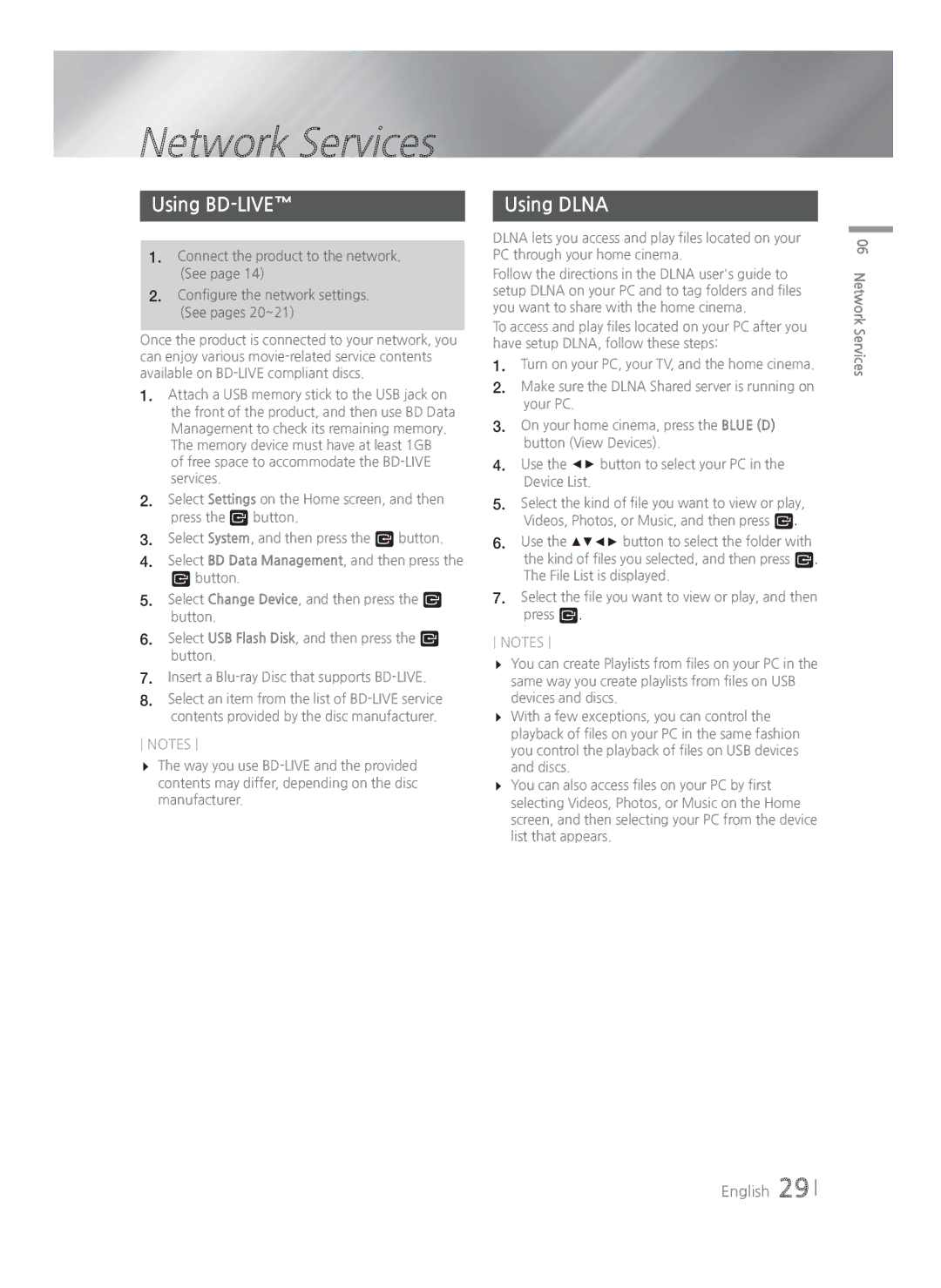 Samsung HT-H4500R/XN, HT-H4550R/EN, HT-H4500R/EN, HT-H4500R/ZF, HT-H4550R/ZF manual Network Services, Using BD-LIVE, Using Dlna 