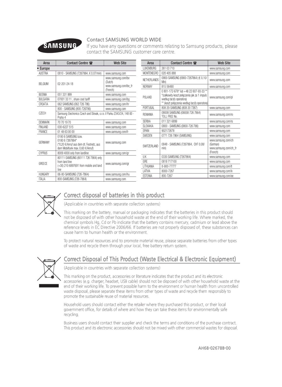 Samsung HT-H4500R/XU manual Correct disposal of batteries in this product, Contact Samsung World Wide, AH68-02678B-00 