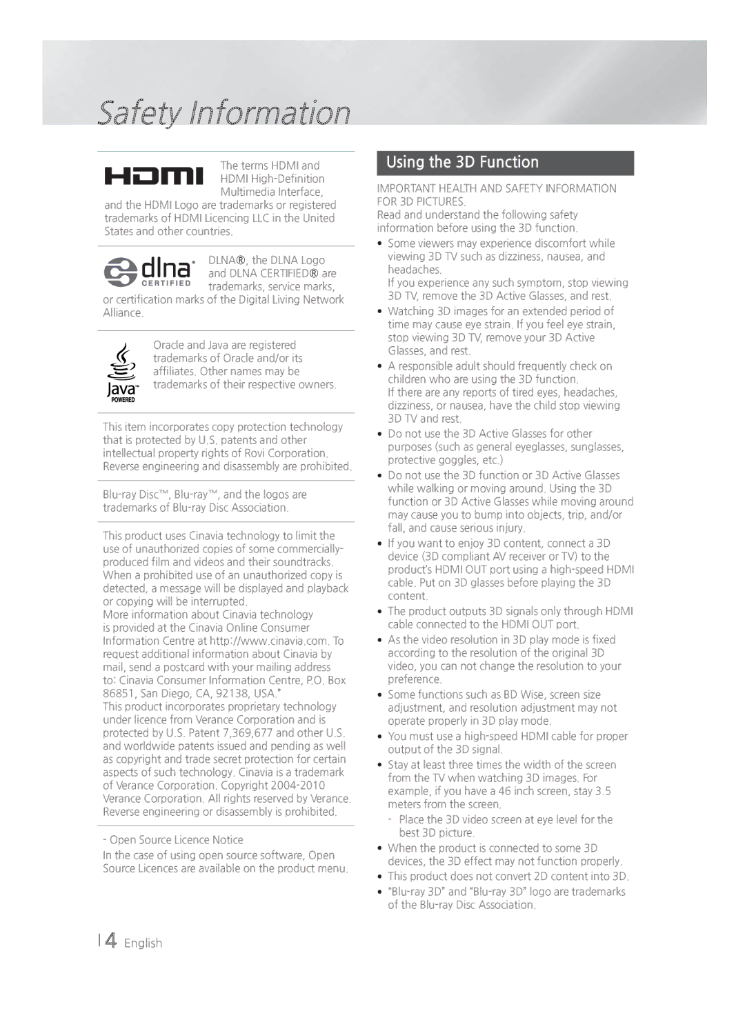 Samsung HT-H4550R/XU, HT-H4550R/EN, HT-H4500R/EN, HT-H4500R/ZF manual Using the 3D Function, Open Source Licence Notice 