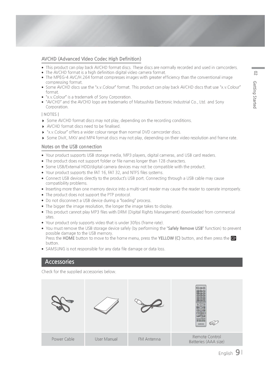 Samsung HT-H4500R/EN Accessories, Avchd Advanced Video Codec High Definition, Check for the supplied accessories below 