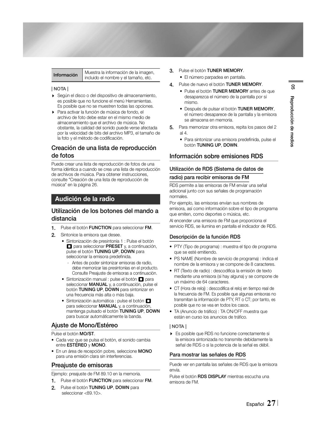 Samsung HT-H4550R/ZF, HT-H4550R/EN, HT-H4500R/EN, HT-H4500R/ZF manual Audición de la radio 