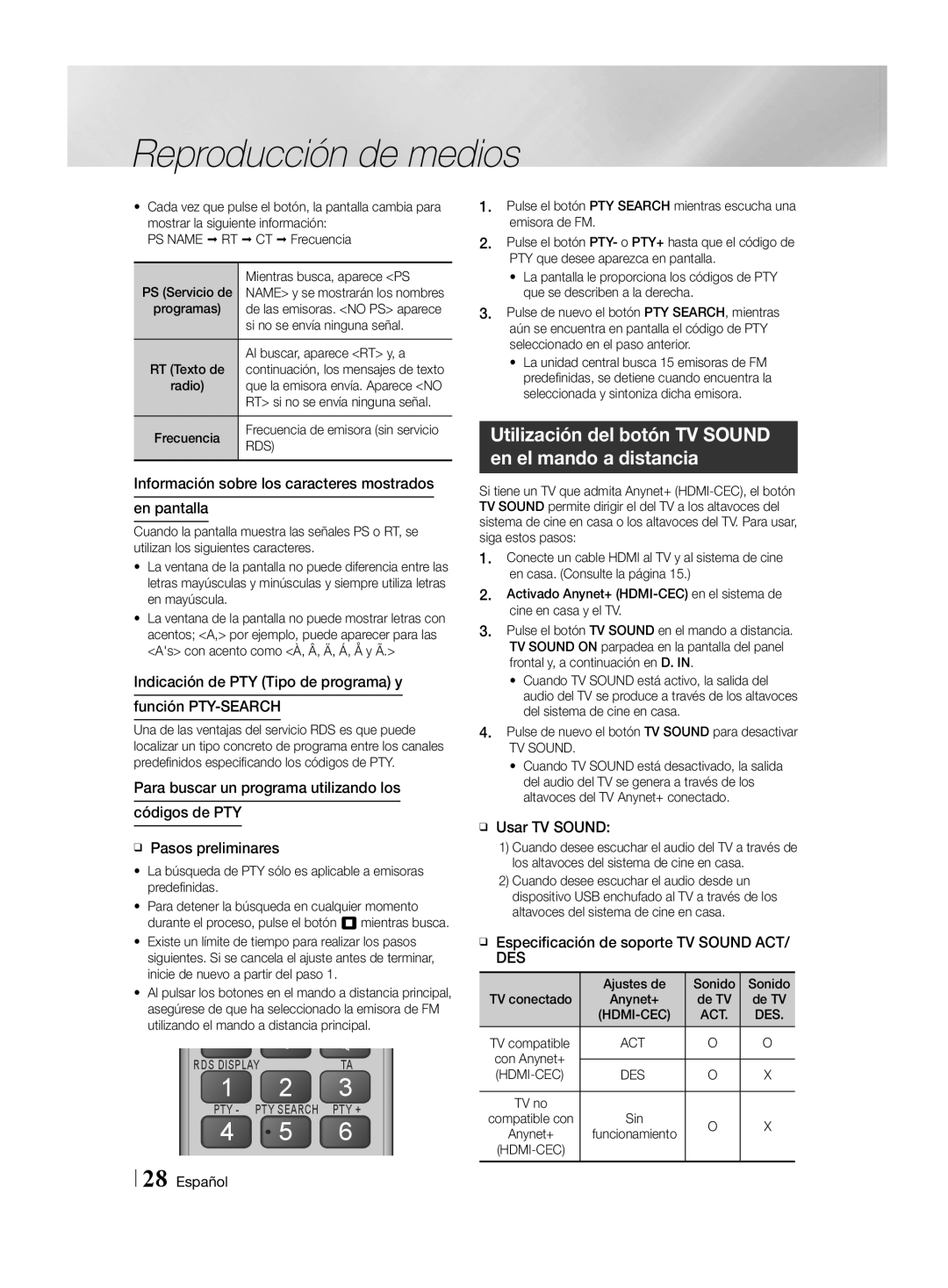 Samsung HT-H4550R/EN, HT-H4500R/EN, HT-H4500R/ZF Utilización del botón TV Sound en el mando a distancia, ĞĞ Usar TV Sound 