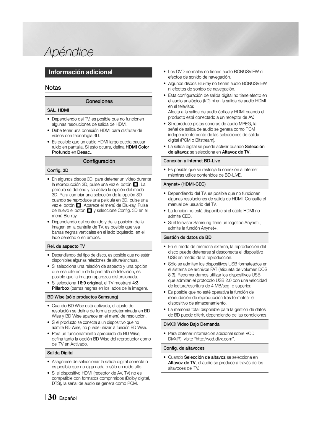 Samsung HT-H4500R/ZF, HT-H4550R/EN, HT-H4500R/EN manual Apéndice, Información adicional, Notas, Conexiones, Configuración 