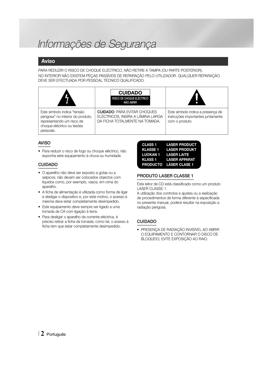 Samsung HT-H4550R/EN, HT-H4500R/EN, HT-H4500R/ZF Informações de Segurança, Aviso, Cuidado Para Evitar Choques, Laser Classe 