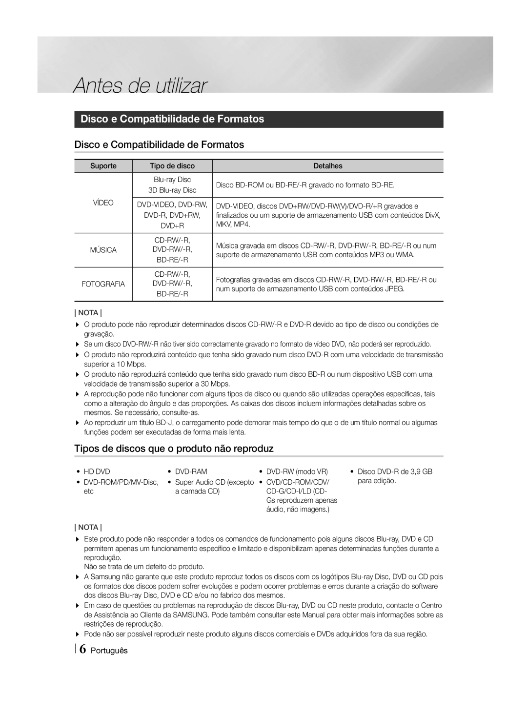 Samsung HT-H4550R/EN Antes de utilizar, Disco e Compatibilidade de Formatos, Tipos de discos que o produto não reproduz 