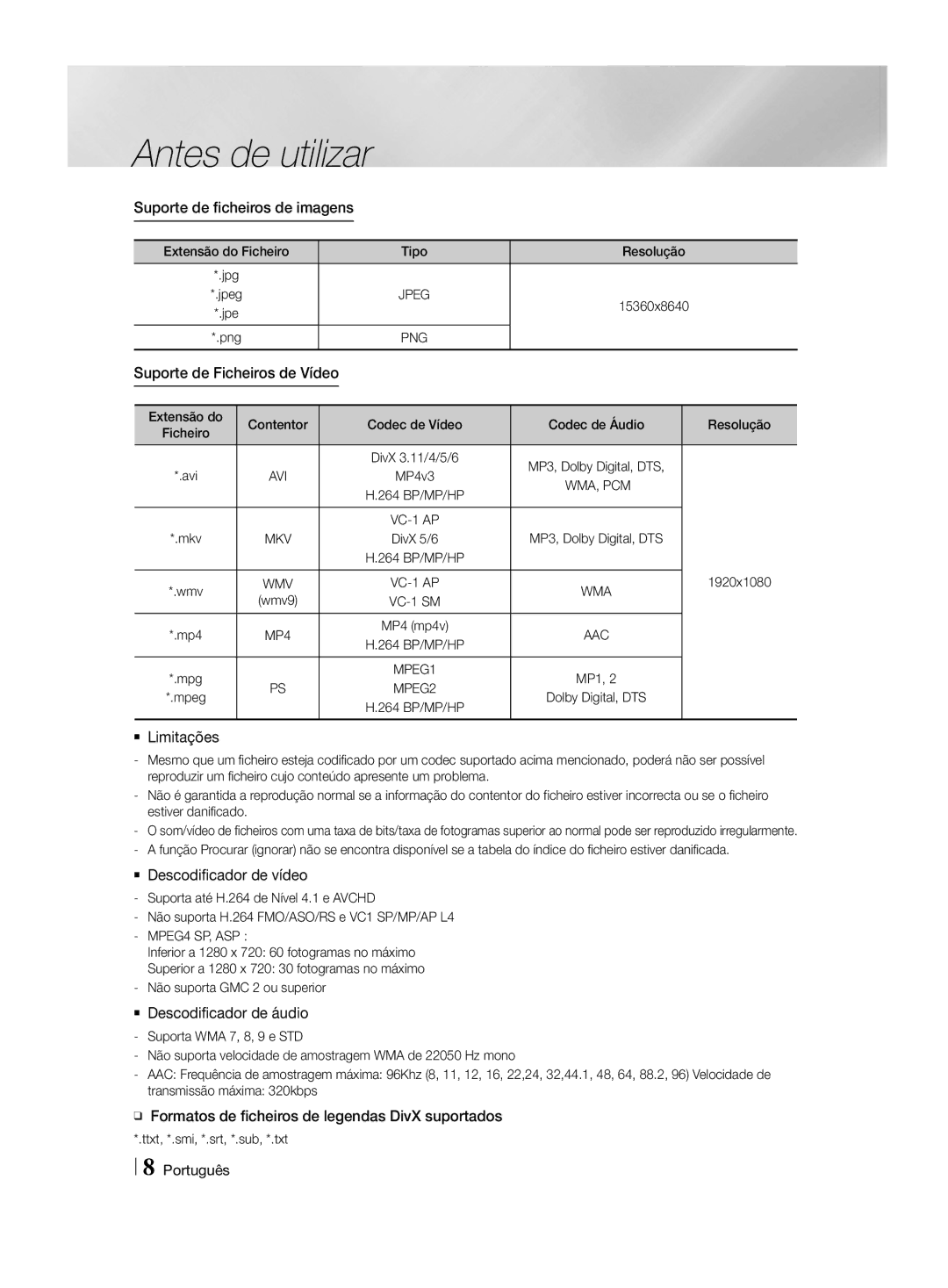 Samsung HT-H4500R/ZF, HT-H4550R/EN manual Suporte de ficheiros de imagens, Suporte de Ficheiros de Vídeo, `` Limitações 