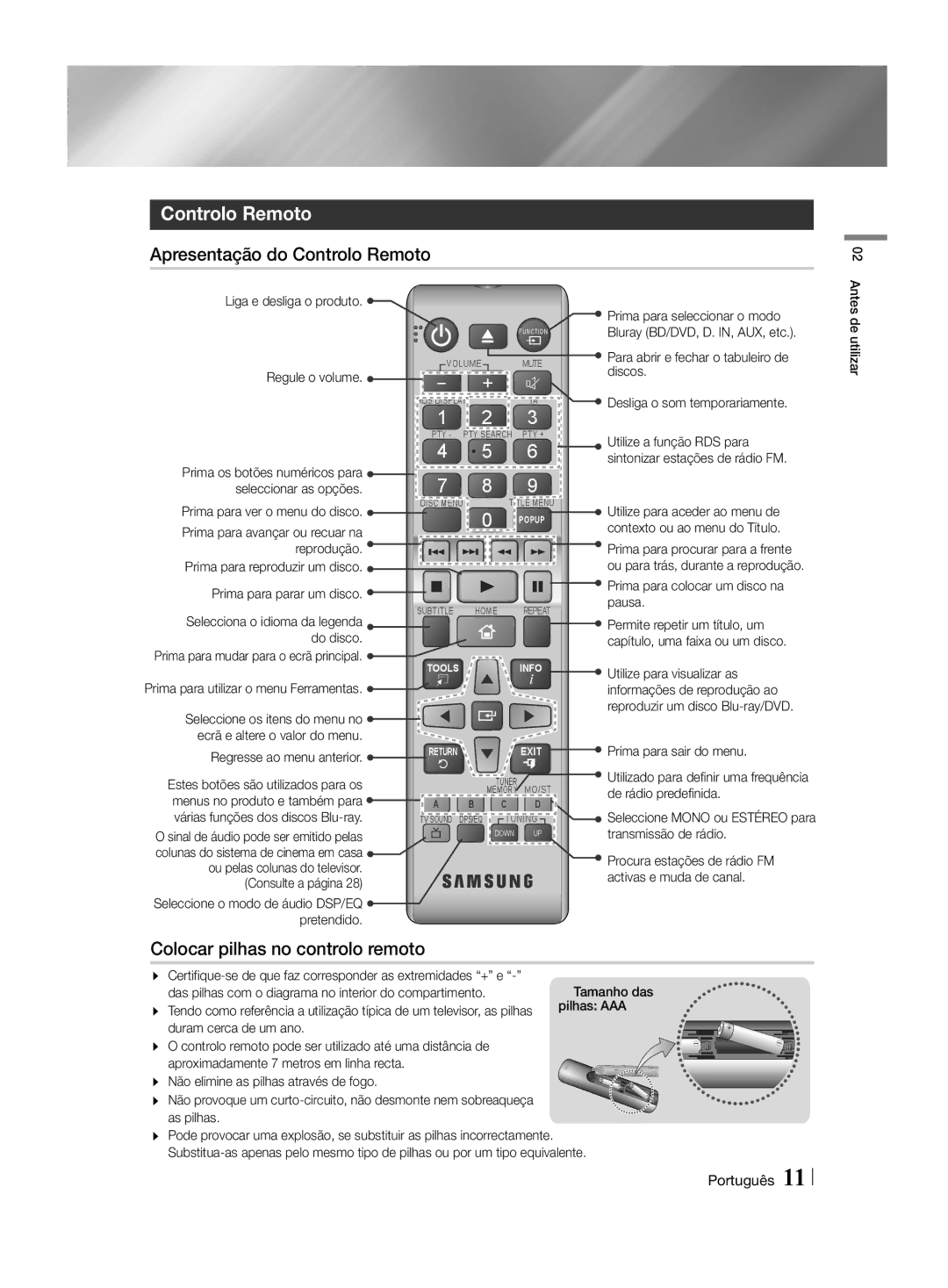 Samsung HT-H4500R/EN, HT-H4550R/EN, HT-H4500R/ZF Apresentação do Controlo Remoto, Colocar pilhas no controlo remoto 