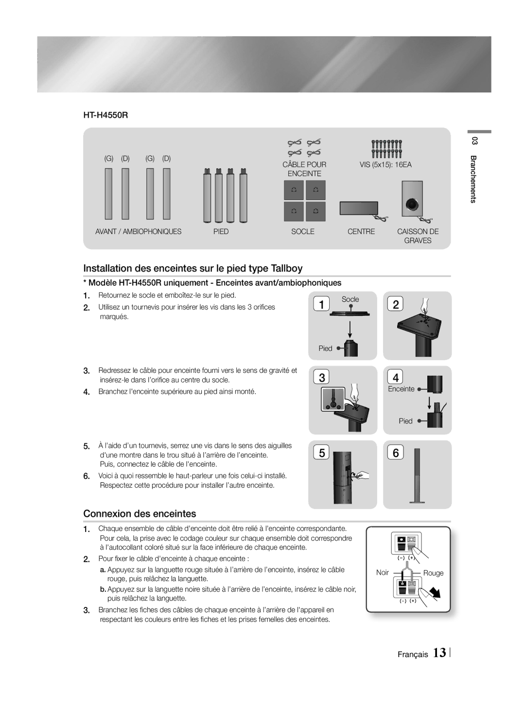 Samsung HT-H4500R/EN Installation des enceintes sur le pied type Tallboy, Connexion des enceintes, HT-H4550R, Câble Pour 