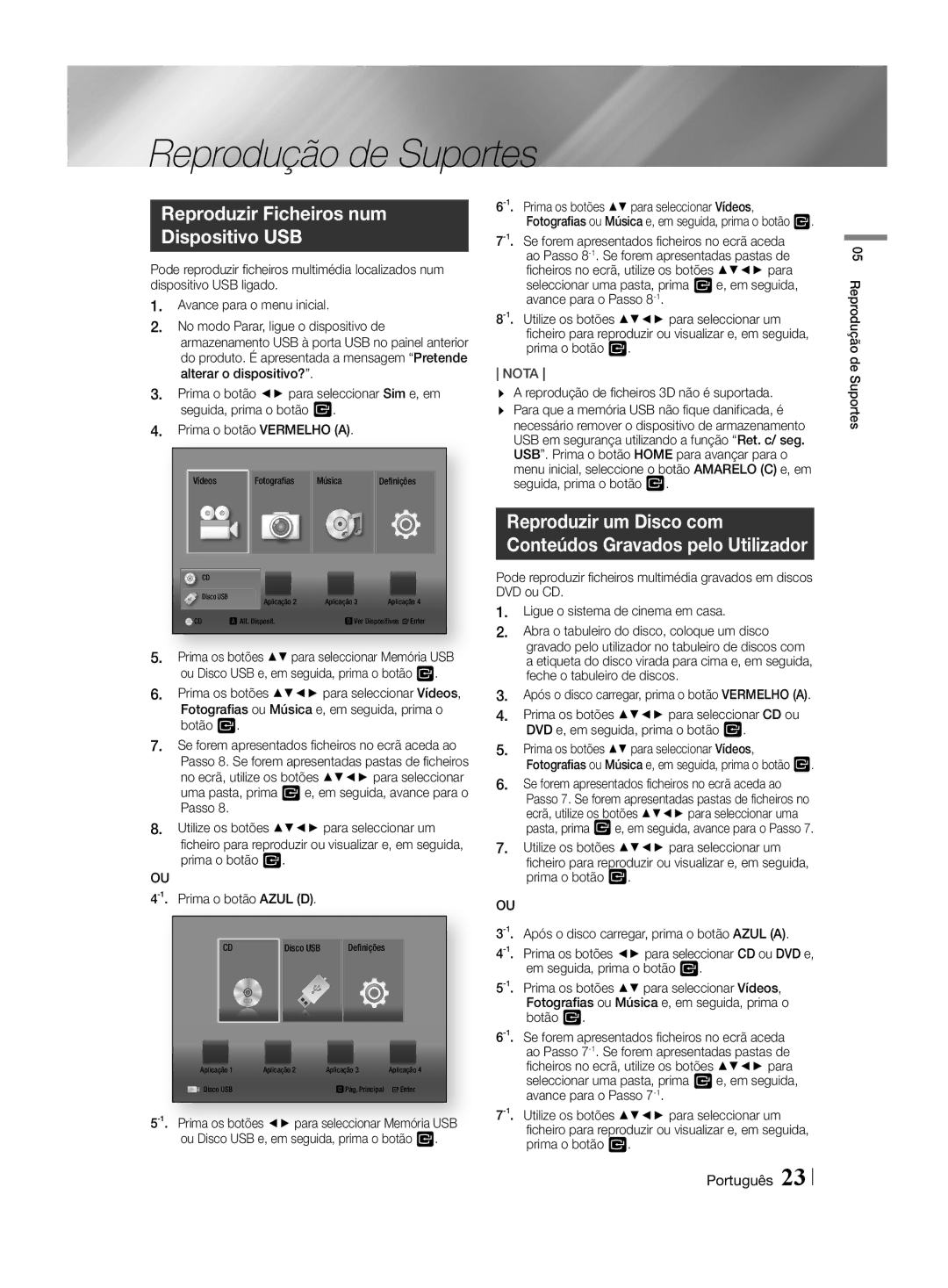 Samsung HT-H4500R/EN manual Reprodução de Suportes, Reproduzir Ficheiros num Dispositivo USB, Reproduzir um Disco com 