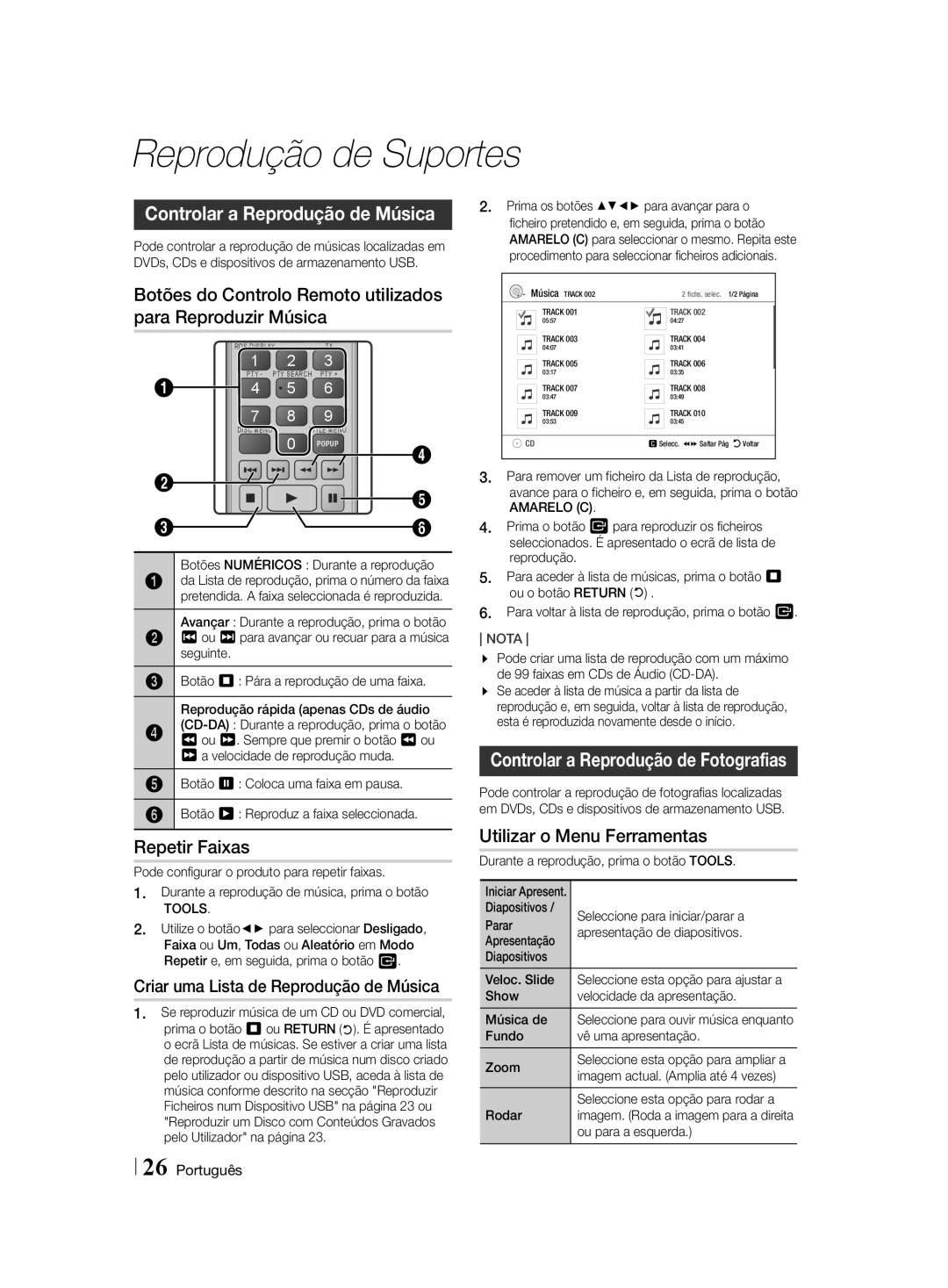 Samsung HT-H4550R/EN manual Controlar a Reprodução de Música, Botões do Controlo Remoto utilizados para Reproduzir Música 