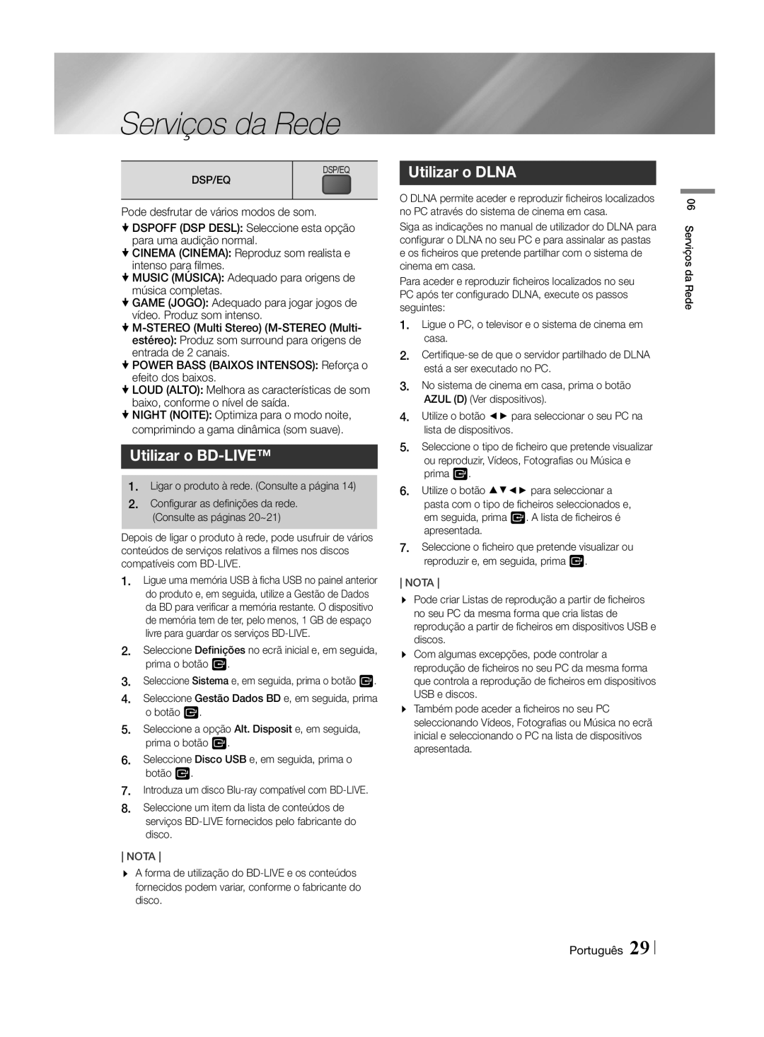 Samsung HT-H4550R/ZF, HT-H4550R/EN, HT-H4500R/EN, HT-H4500R/ZF manual Serviços da Rede, Utilizar o BD-LIVE, Utilizar o Dlna 