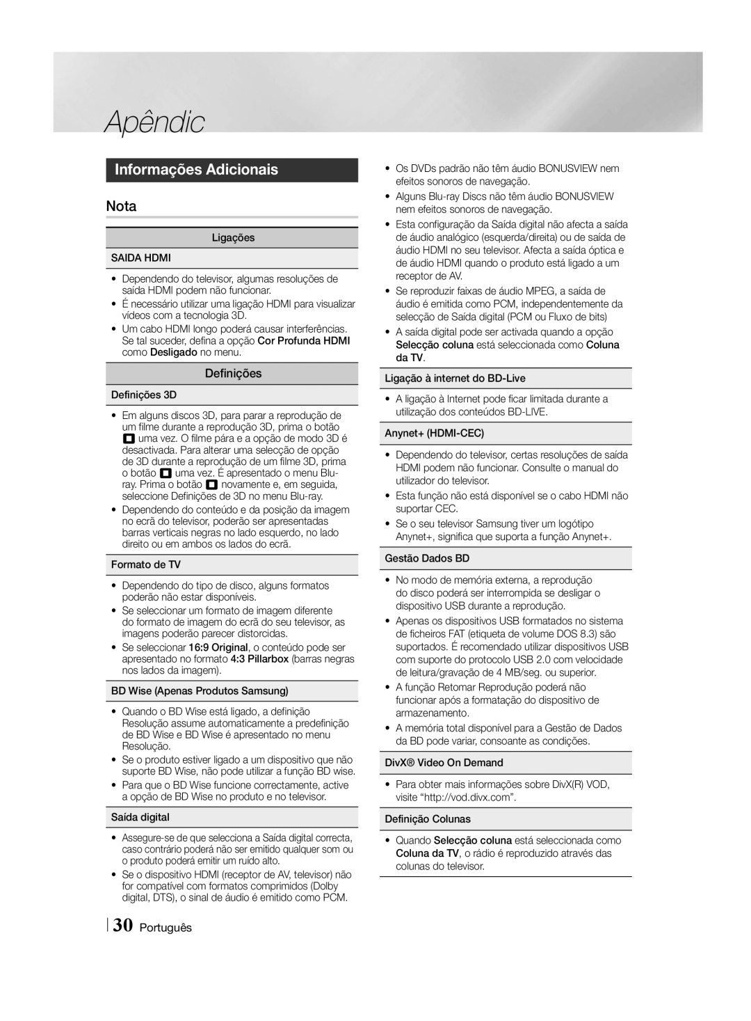 Samsung HT-H4550R/EN, HT-H4500R/EN, HT-H4500R/ZF, HT-H4550R/ZF manual Apêndic, Informações Adicionais, Definições, Saida Hdmi 