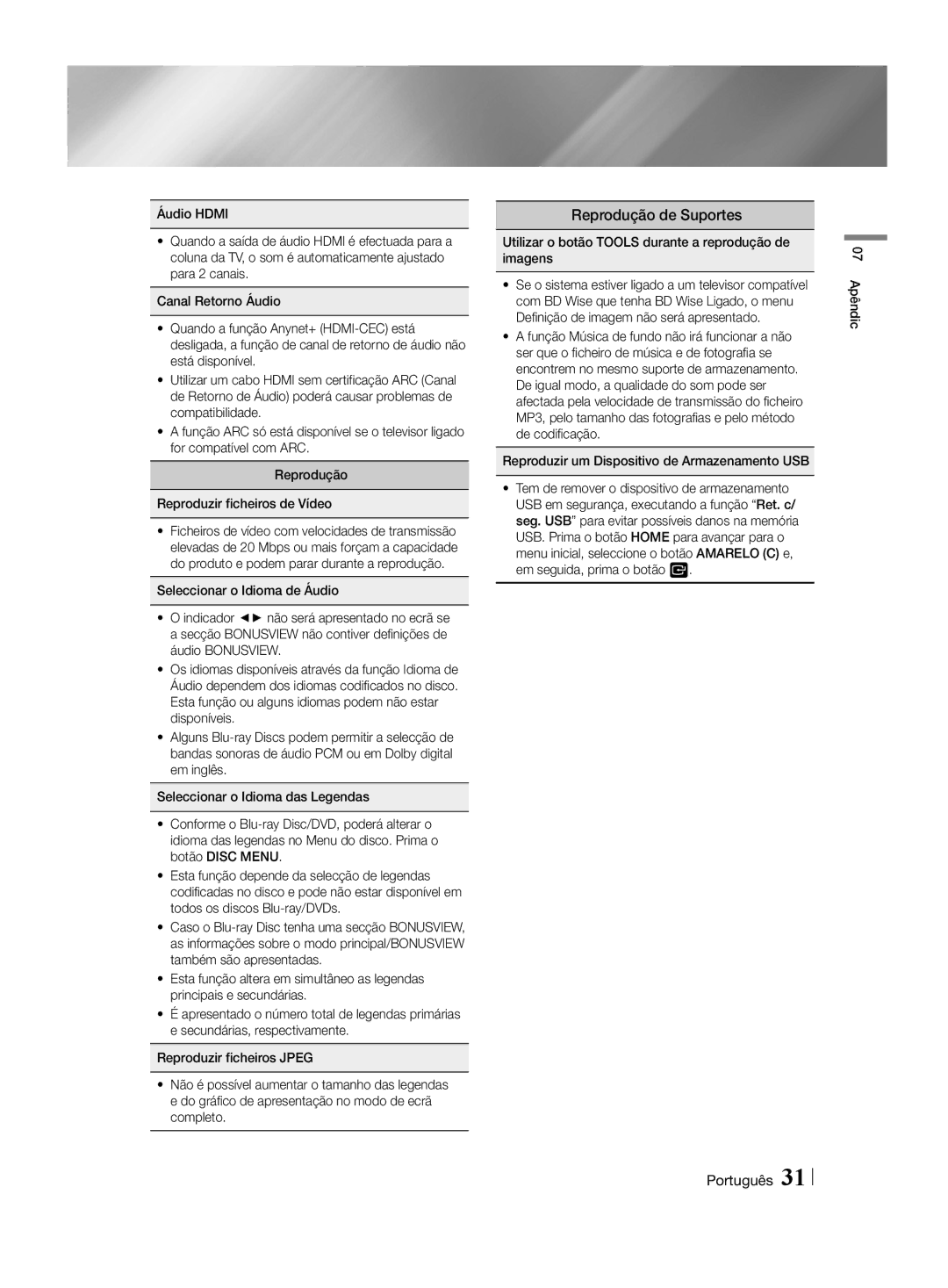 Samsung HT-H4500R/EN manual Reprodução de Suportes, Utilizar o botão Tools durante a reprodução de imagens, 07 Apêndic 