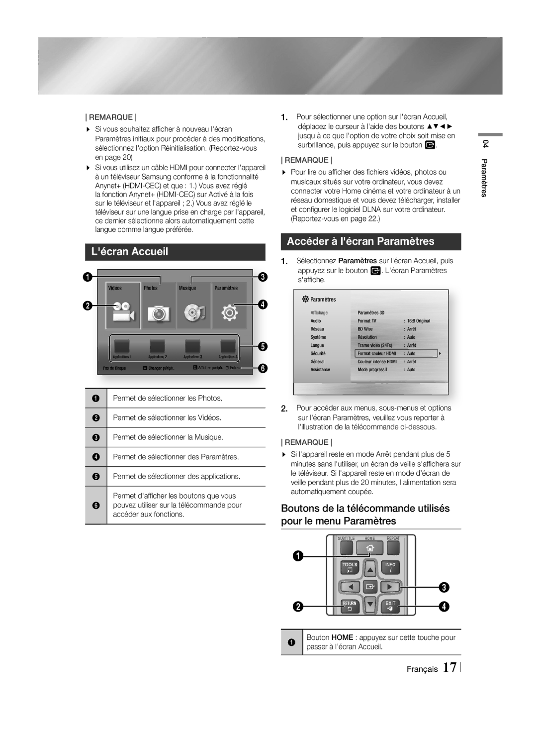 Samsung HT-H4500R/EN, HT-H4550R/EN, HT-H4500R/ZF, HT-H4550R/ZF manual Lécran Accueil, Accéder à lécran Paramètres 