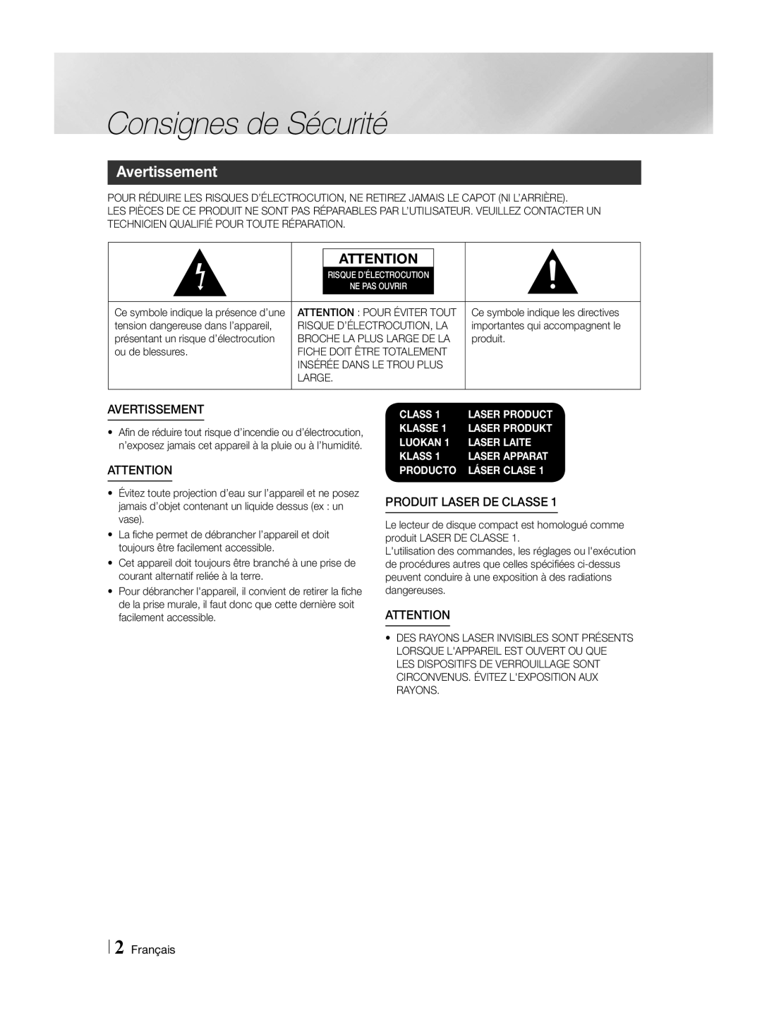 Samsung HT-H4500R/ZF Consignes de Sécurité, Avertissement, Fiche Doit Être Totalement Insérée Dans LE Trou Plus Large 