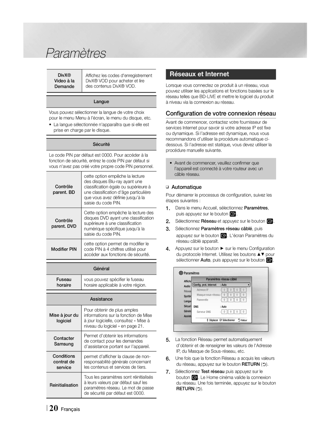 Samsung HT-H4550R/EN, HT-H4500R/EN manual Réseaux et Internet, Configuration de votre connexion réseau, ĞĞ Automatique 