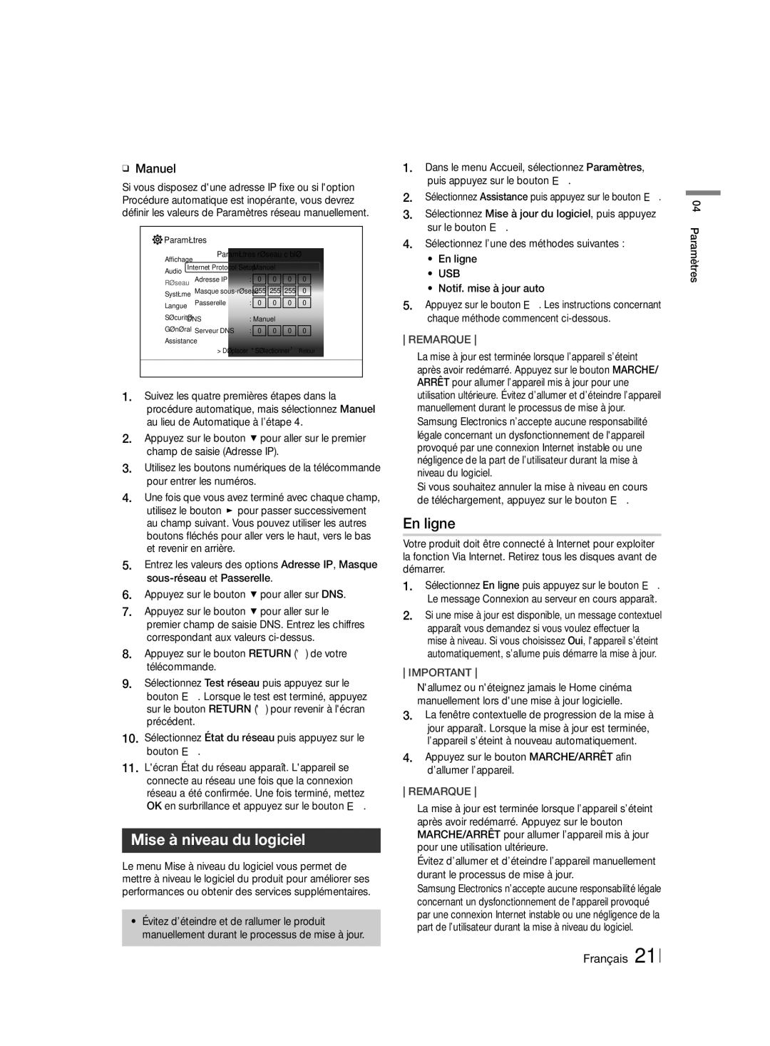 Samsung HT-H4500R/EN, HT-H4550R/EN manual Mise à niveau du logiciel, En ligne, ĞĞ Manuel, Usb, Notif. mise à jour auto 