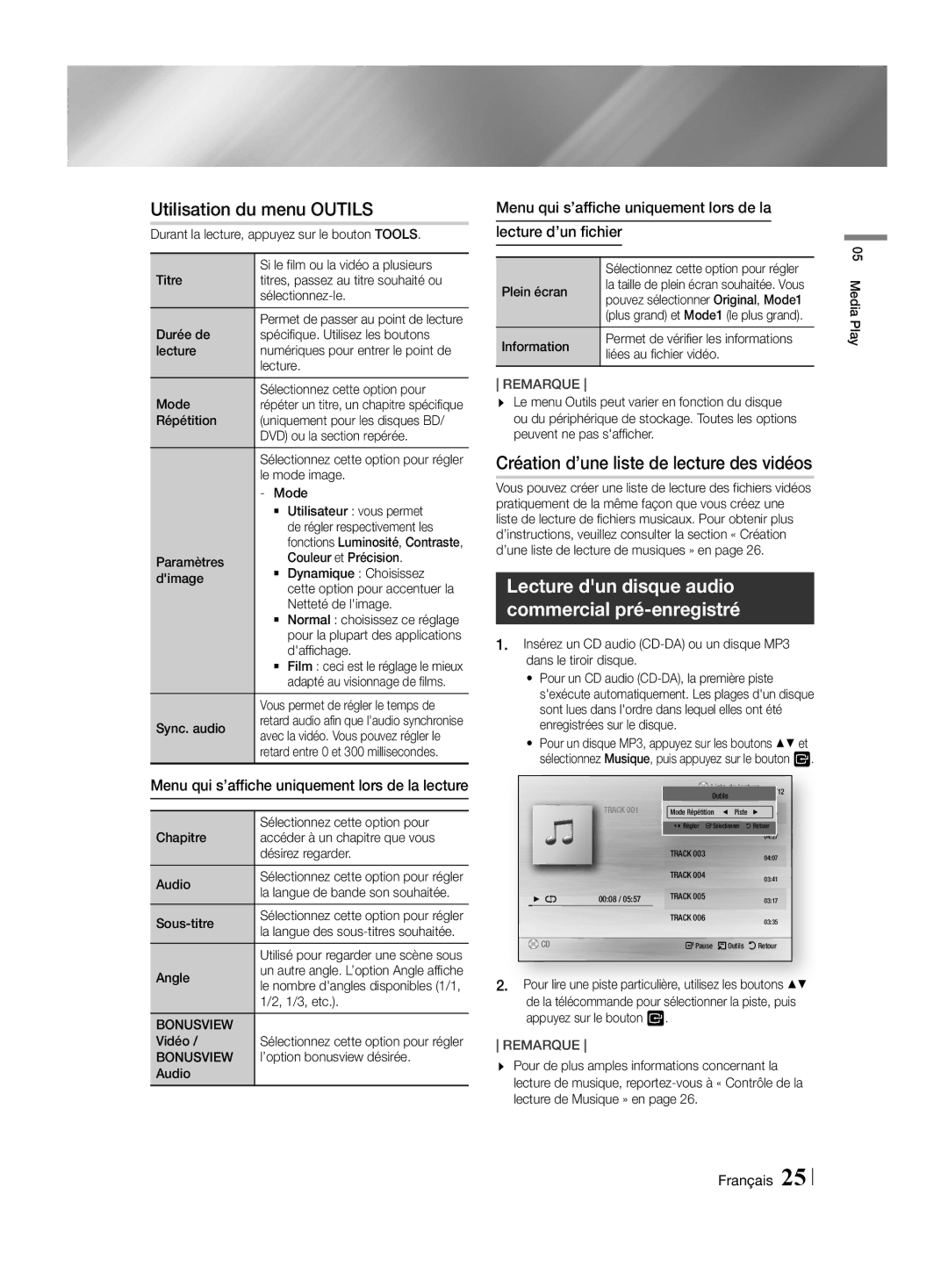 Samsung HT-H4500R/EN, HT-H4550R/EN manual Utilisation du menu Outils, Création d’une liste de lecture des vidéos, Bonusview 