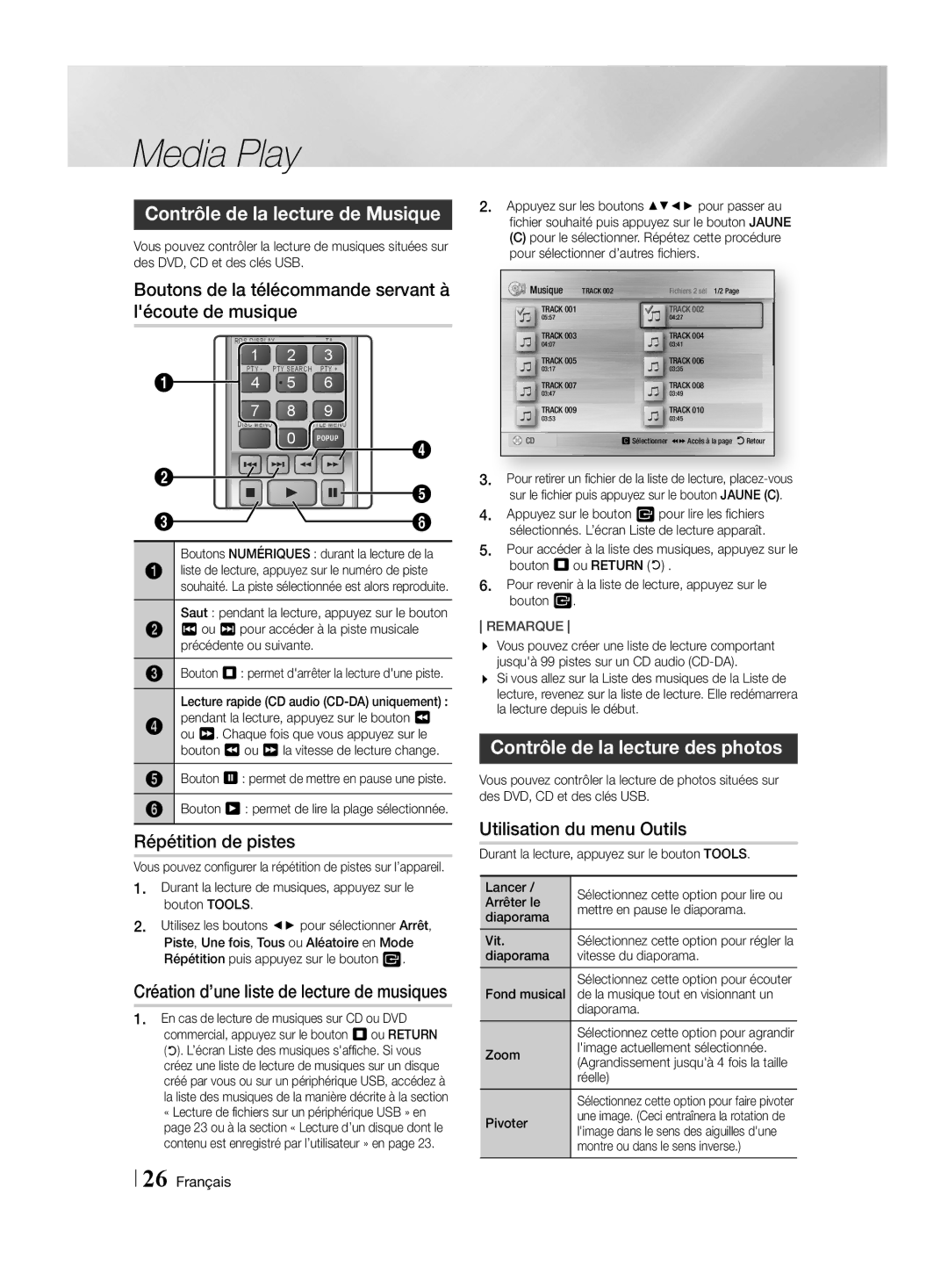 Samsung HT-H4500R/ZF manual Contrôle de la lecture de Musique, Boutons de la télécommande servant à lécoute de musique 