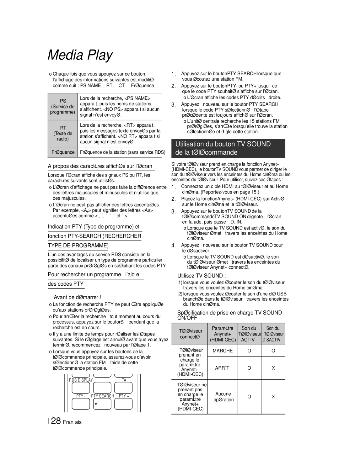 Samsung HT-H4550R/EN manual Utilisation du bouton TV Sound de la télécommande, Propos des caractères affichés sur lécran 