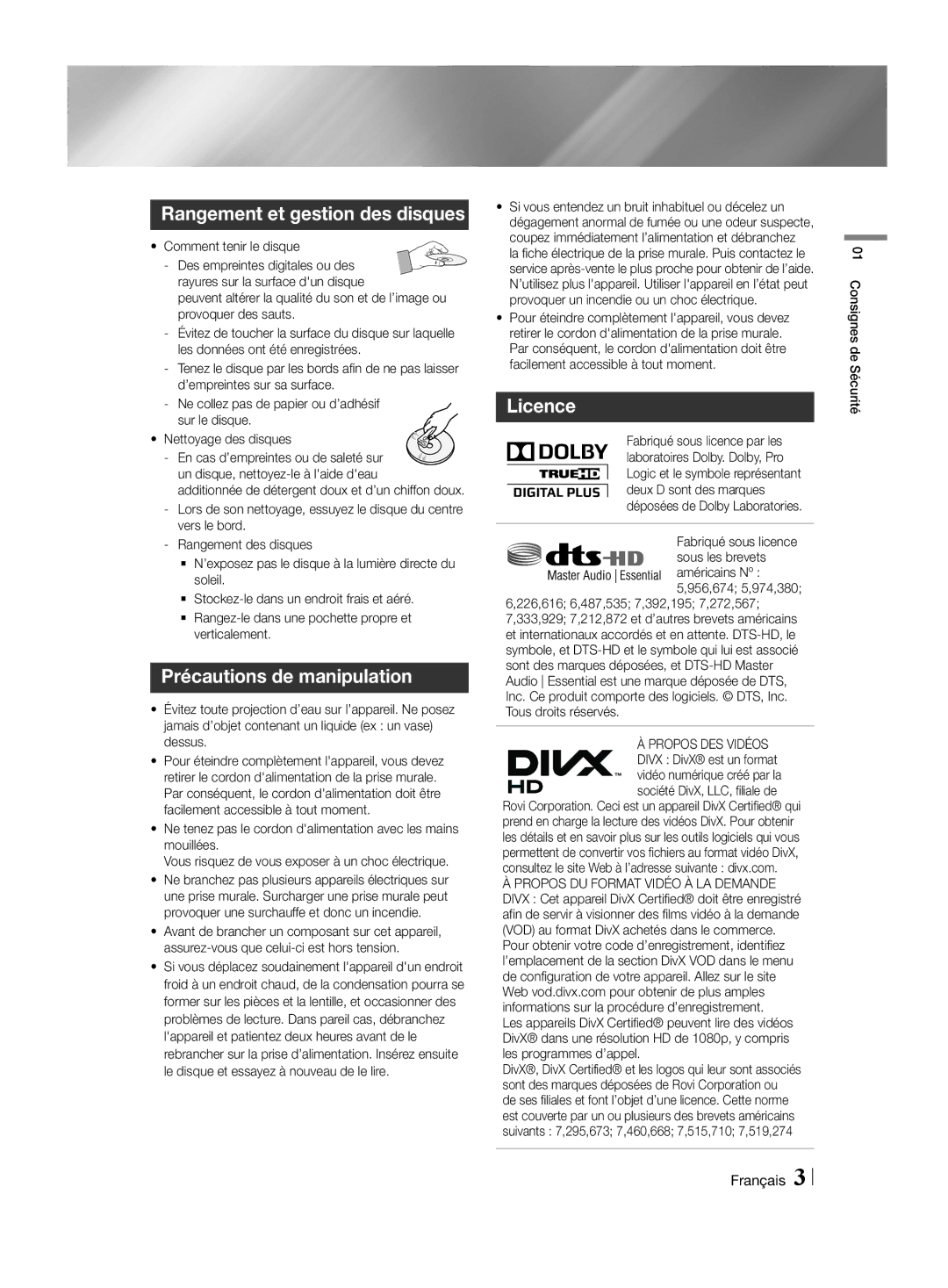 Samsung HT-H4550R/ZF, HT-H4550R/EN, HT-H4500R/EN Rangement et gestion des disques, Précautions de manipulation, Licence 