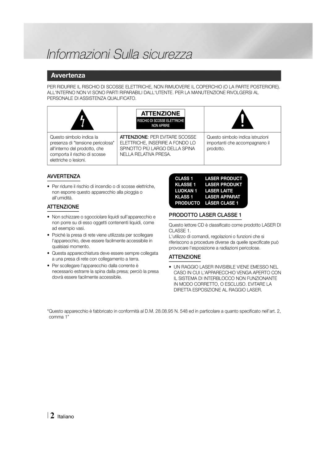 Samsung HT-H4550R/EN manual Informazioni Sulla sicurezza, Avvertenza, Spinotto PIÙ Largo Della Spina, Nella Relativa Presa 