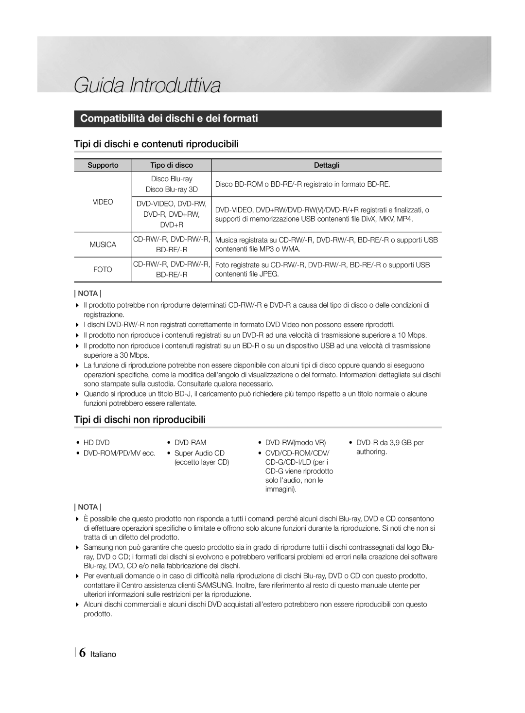 Samsung HT-H4550R/EN Guida Introduttiva, Compatibilità dei dischi e dei formati, Tipi di dischi e contenuti riproducibili 