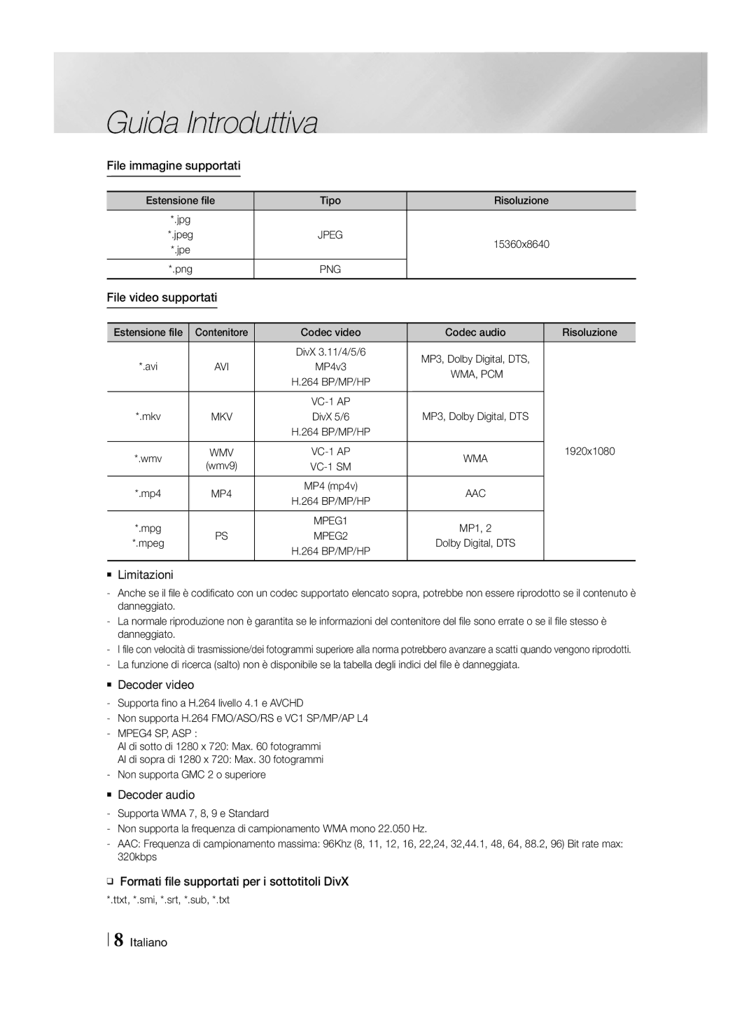 Samsung HT-H4500R/ZF File immagine supportati, File video supportati, `` Limitazioni, `` Decoder video, `` Decoder audio 