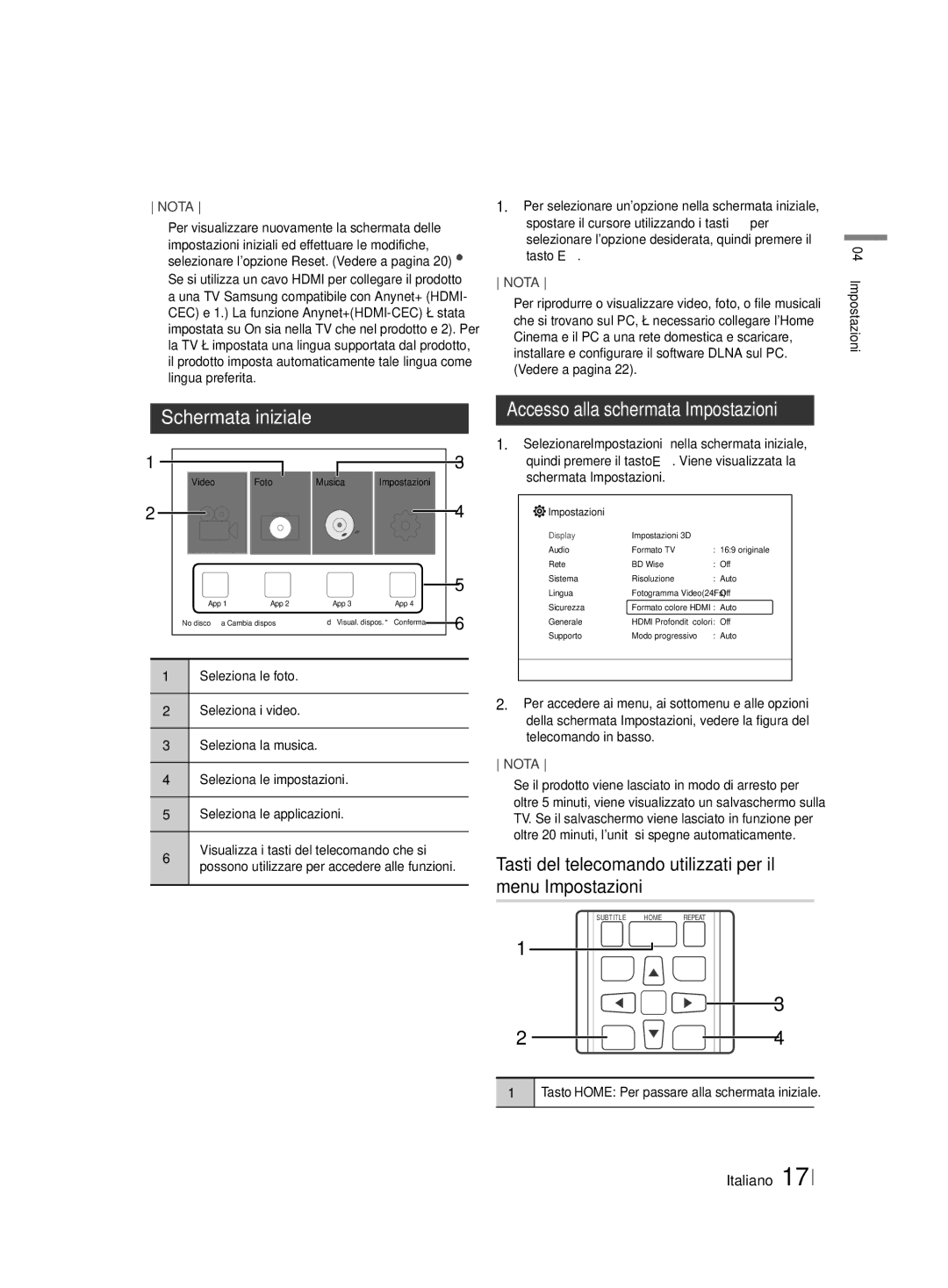 Samsung HT-H4550R/ZF, HT-H4550R/EN, HT-H4500R/EN, HT-H4500R/ZF manual Schermata iniziale, Accesso alla schermata Impostazioni 