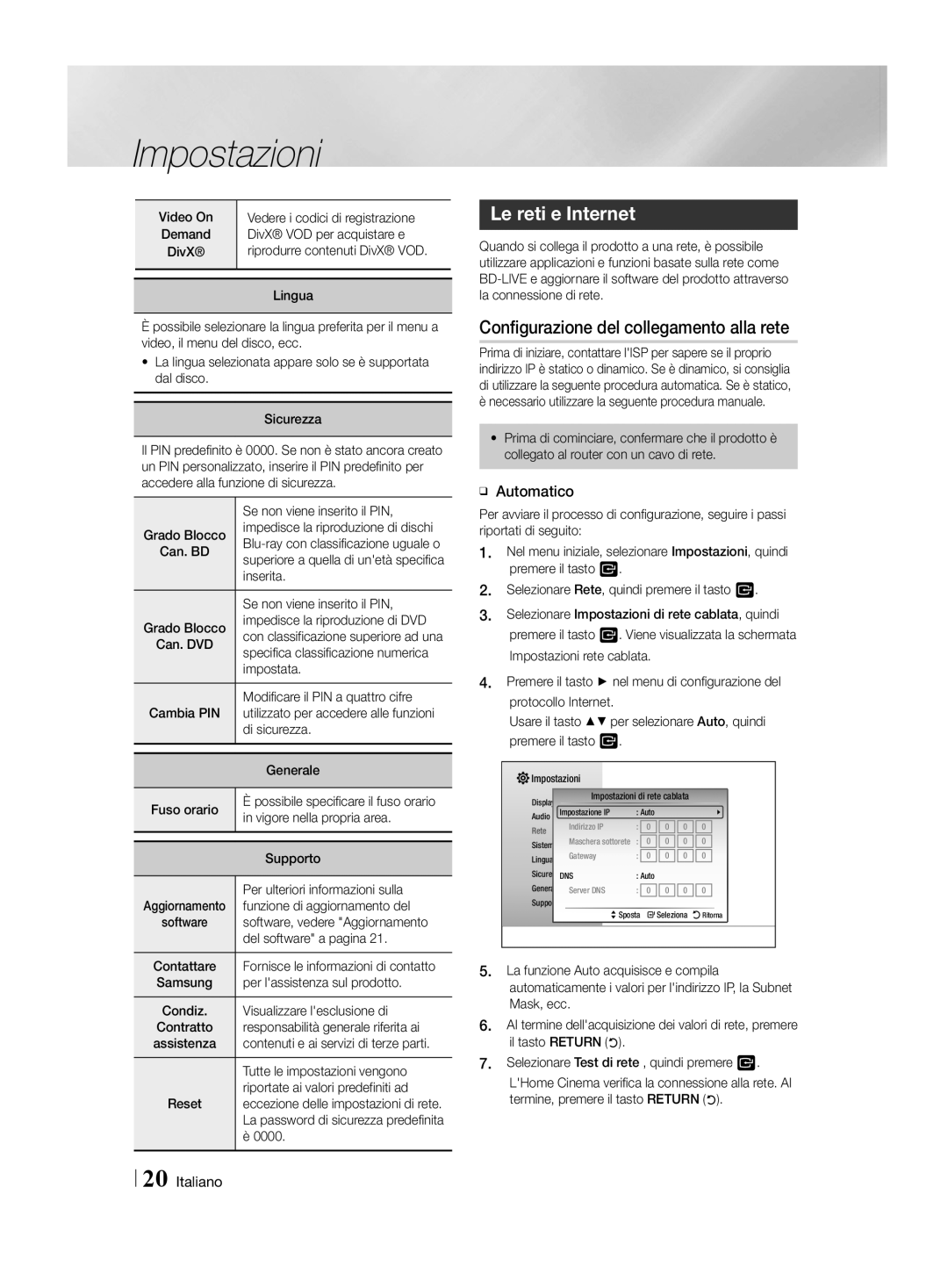 Samsung HT-H4500R/ZF, HT-H4550R/EN manual Le reti e Internet, Configurazione del collegamento alla rete, ĞĞ Automatico 