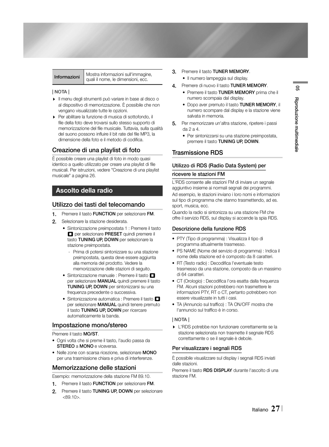 Samsung HT-H4500R/EN, HT-H4550R/EN, HT-H4500R/ZF, HT-H4550R/ZF manual Ascolto della radio 