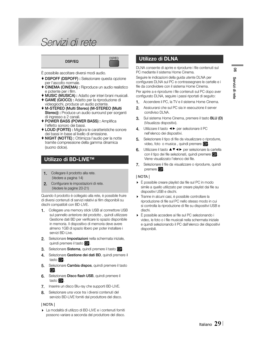 Samsung HT-H4550R/ZF, HT-H4550R/EN, HT-H4500R/EN, HT-H4500R/ZF manual Servizi di rete, Utilizzo di BD-LIVE, Utilizzo di Dlna 