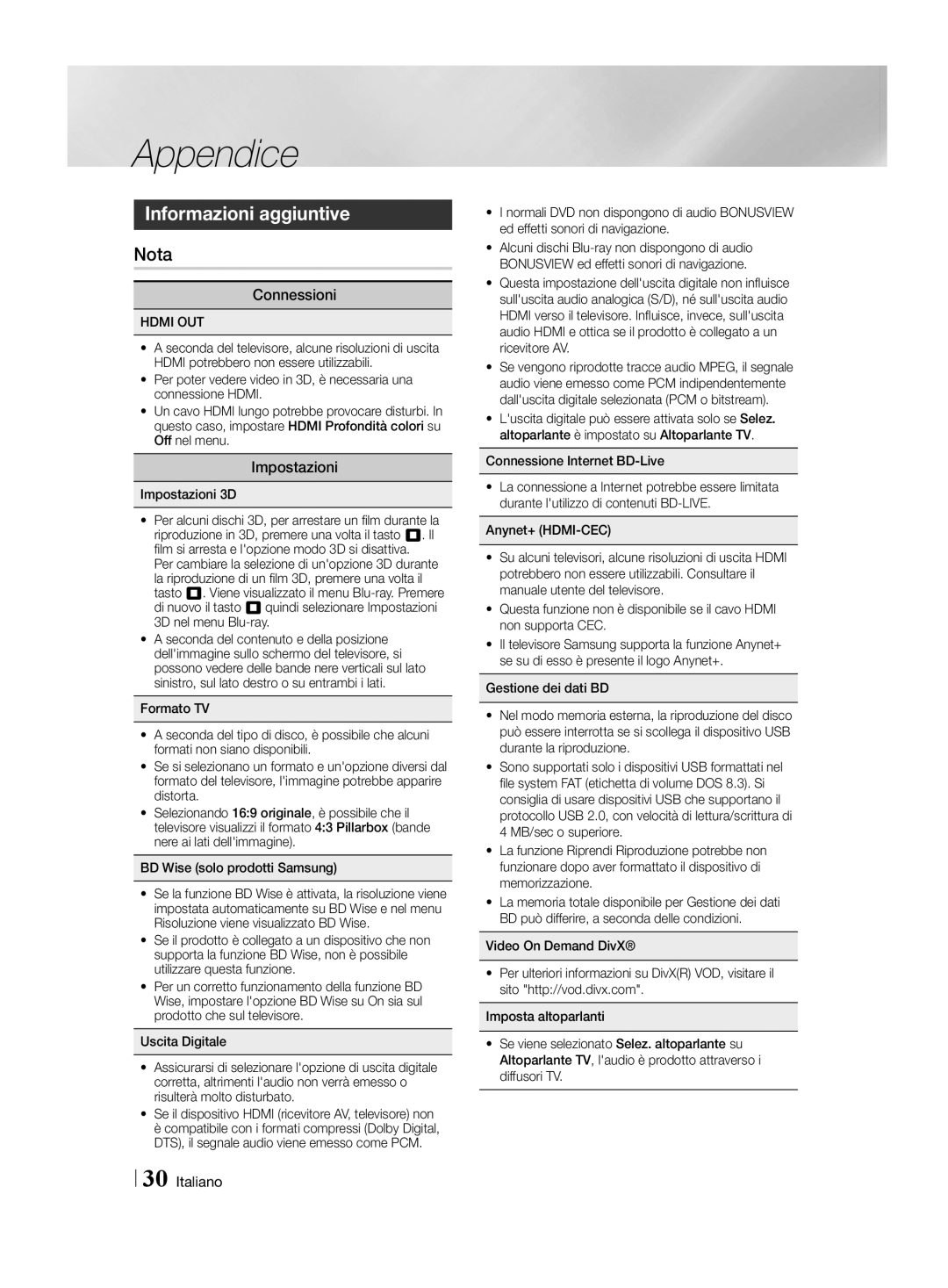 Samsung HT-H4550R/EN, HT-H4500R/EN, HT-H4500R/ZF manual Appendice, Informazioni aggiuntive, Nota, Connessioni, Impostazioni 