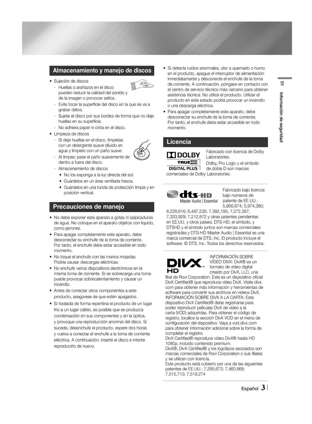 Samsung HT-H4550R/ZF, HT-H4550R/EN Precauciones de manejo, Licencia, Almacenamiento y manejo de discos, Sujeción de discos 