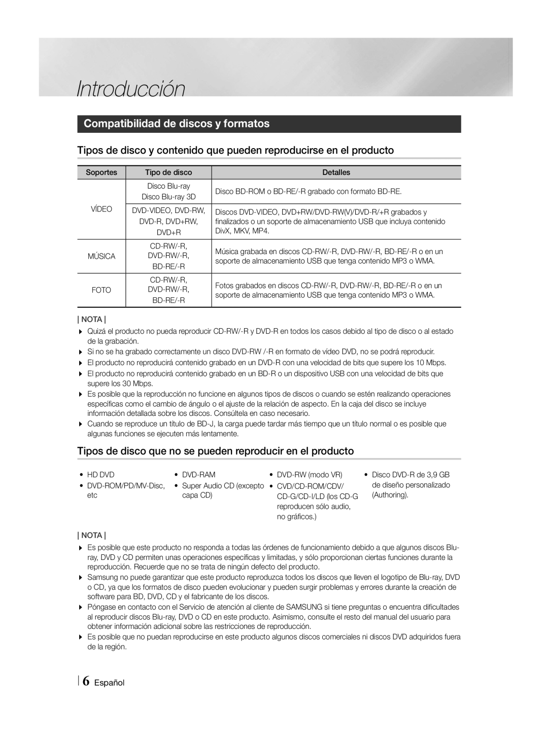 Samsung HT-H4500R/ZF, HT-H4550R/EN, HT-H4500R/EN manual Introducción, Compatibilidad de discos y formatos, Cvd/Cd-Rom/Cdv 