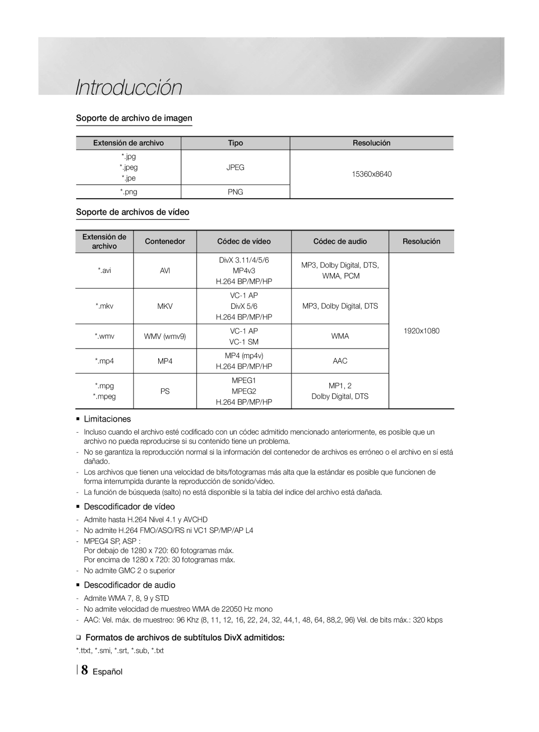 Samsung HT-H4550R/EN, HT-H4500R/EN manual Soporte de archivo de imagen, Soporte de archivos de vídeo, `` Limitaciones 