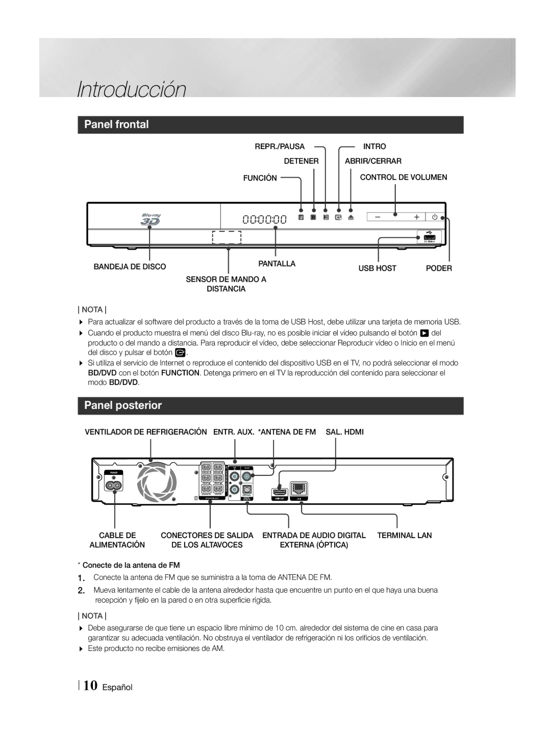 Samsung HT-H4500R/ZF, HT-H4550R/EN, HT-H4500R/EN, HT-H4550R/ZF manual Panel frontal, Panel posterior 