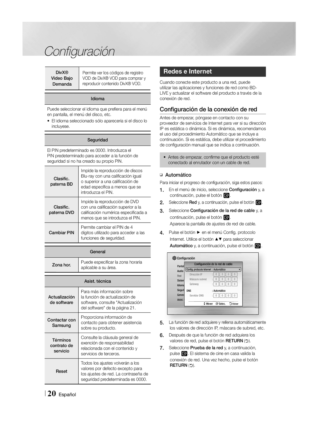 Samsung HT-H4550R/EN, HT-H4500R/EN, HT-H4500R/ZF manual Redes e Internet, Configuración de la conexión de red, ĞĞ Automático 