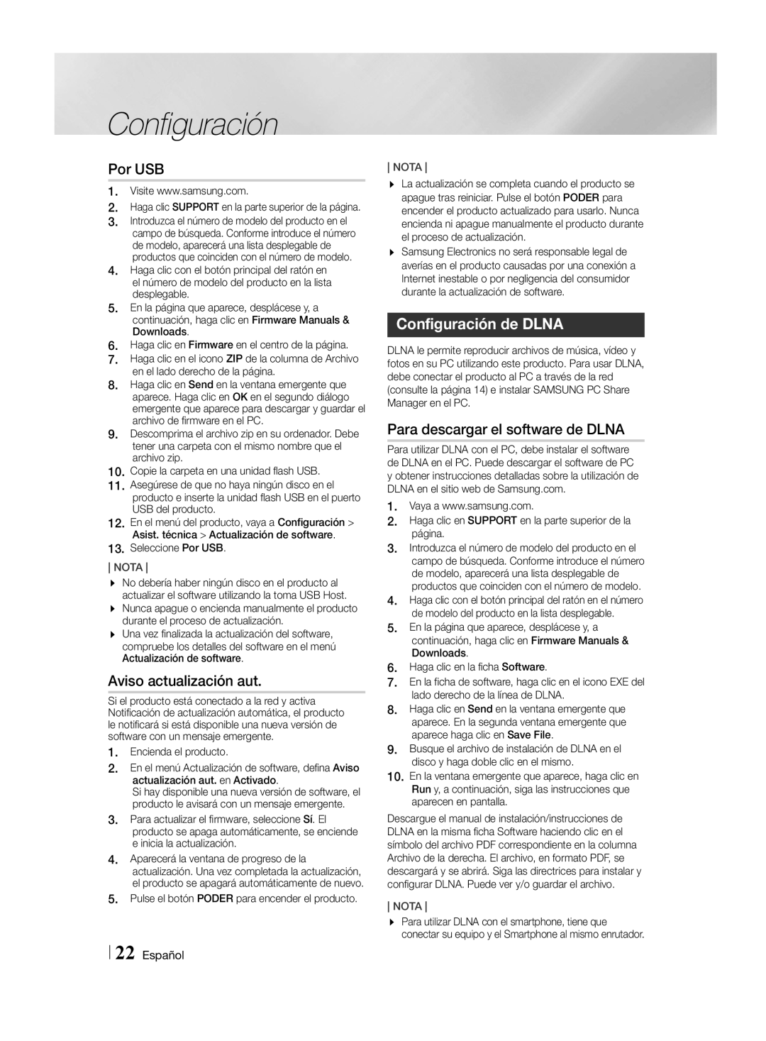 Samsung HT-H4500R/ZF manual Por USB, Aviso actualización aut, Configuración de Dlna, Para descargar el software de Dlna 