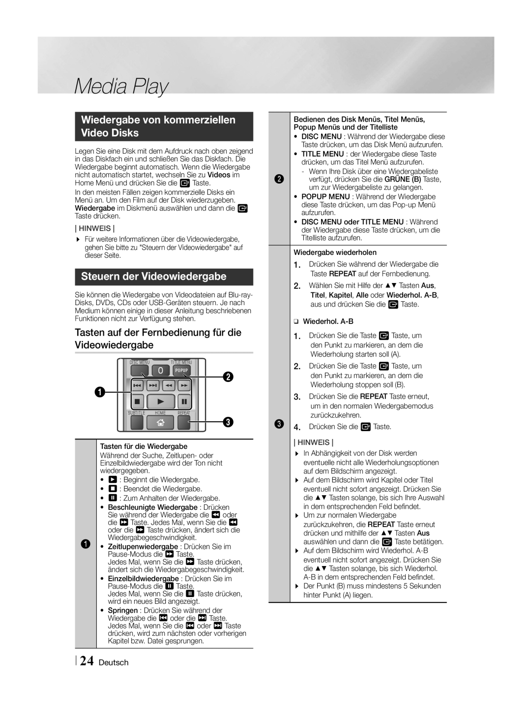 Samsung HT-H4550R/TK, HT-H4550R/EN, HT-H4500R/EN manual Wiedergabe von kommerziellen Video Disks, Steuern der Videowiedergabe 